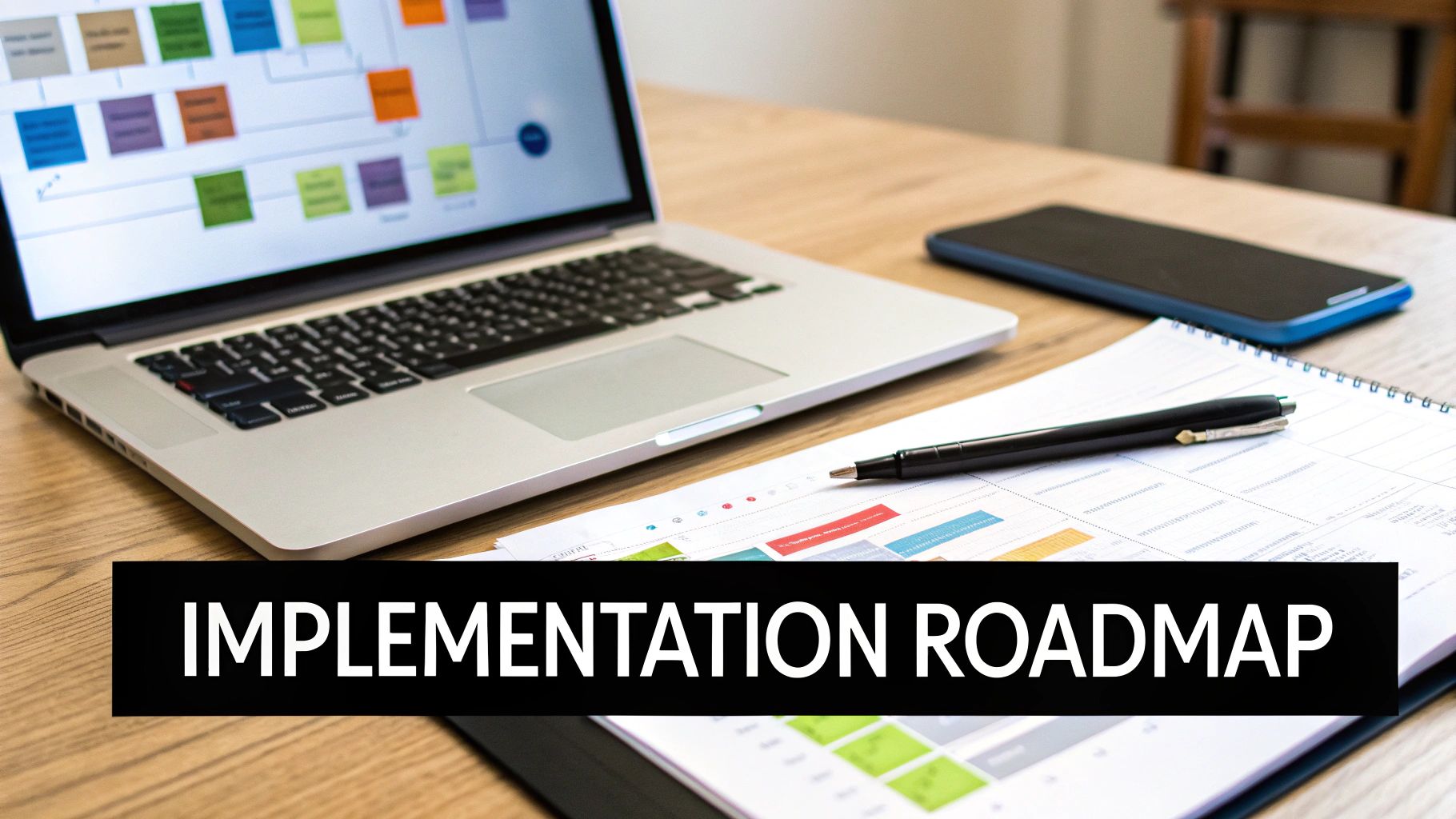 A desk with a laptop displaying a flowchart, a smartphone, and business documents with a pen, featuring 'Implementation Roadmap'.