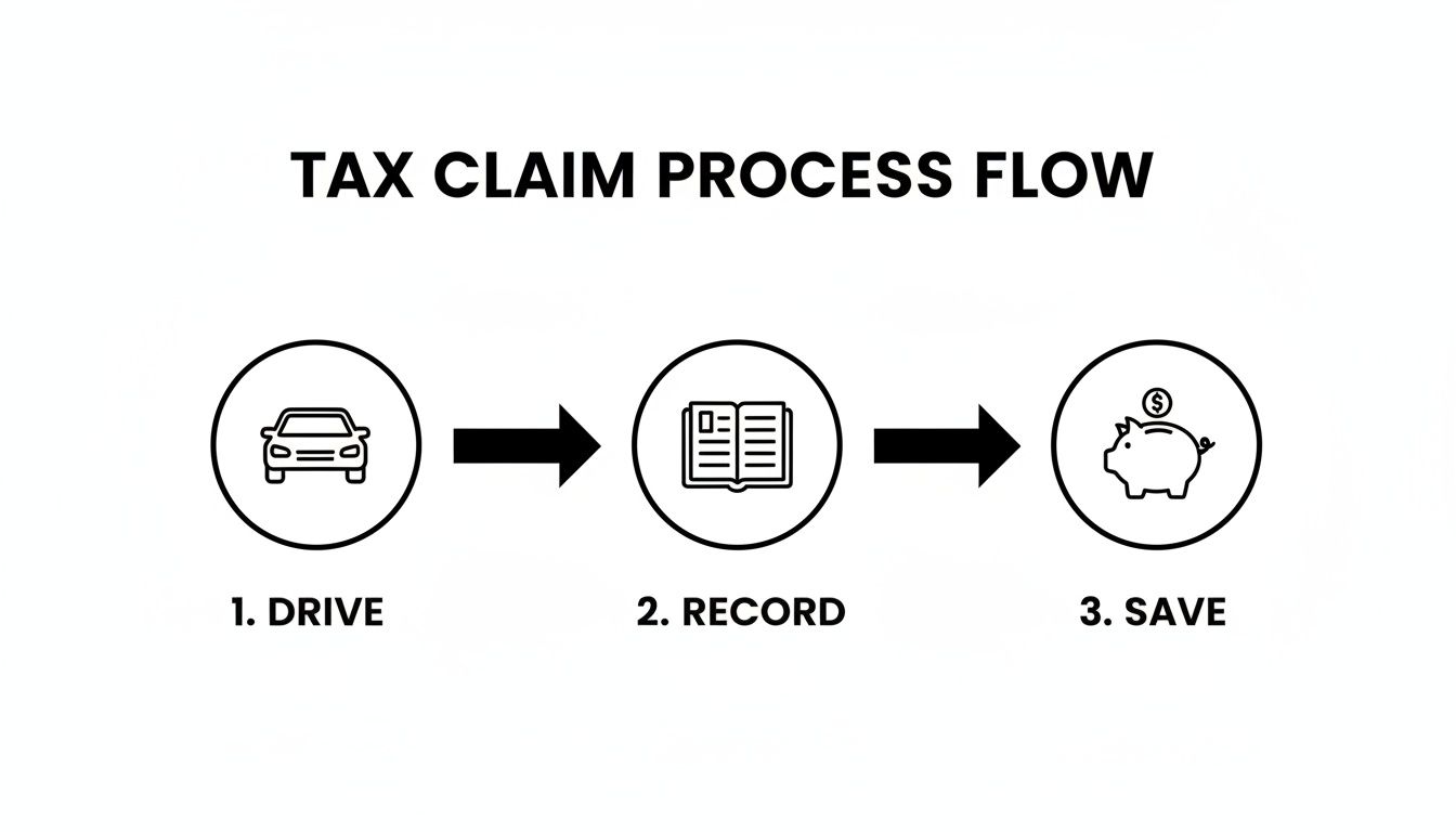 A three-step diagram illustrating the tax claim process flow: Drive, Record, Save.