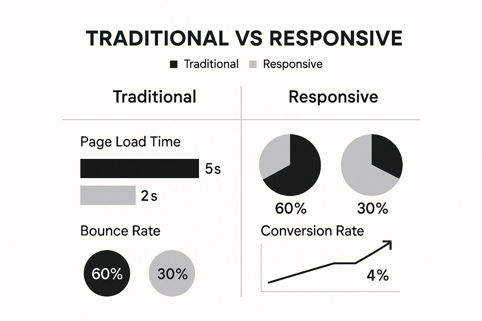 Infographic comparing traditional vs. responsive website performance on metrics like page load time, bounce rate, and conversion rate.