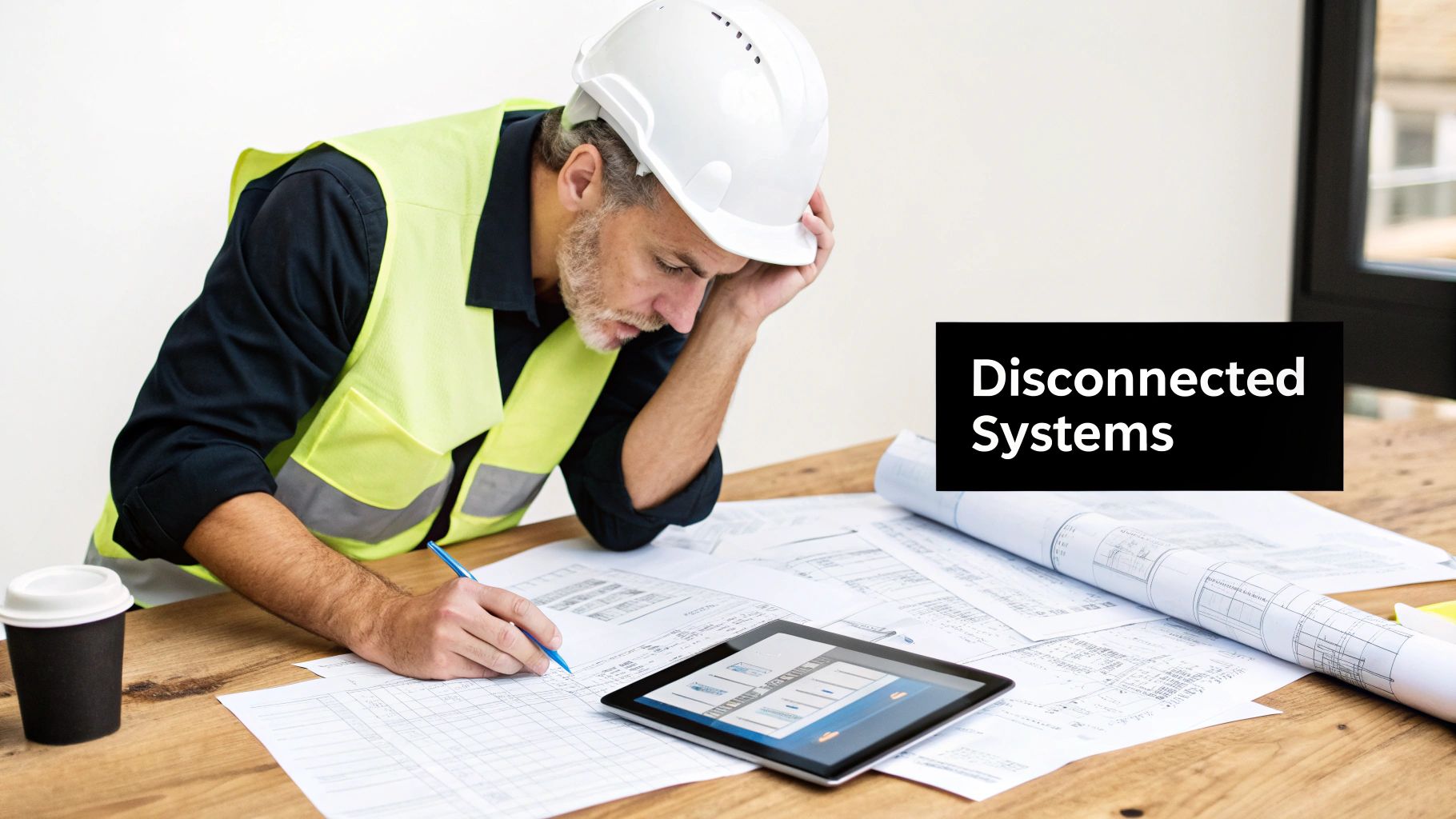 A worried construction worker in a hard hat reviews blueprints and a tablet on a wooden desk.