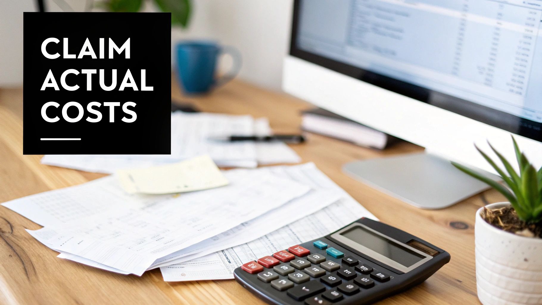 A home office desk with a calculator, papers, and a computer screen, showing 'CLAIM ACTUAL COSTS'.