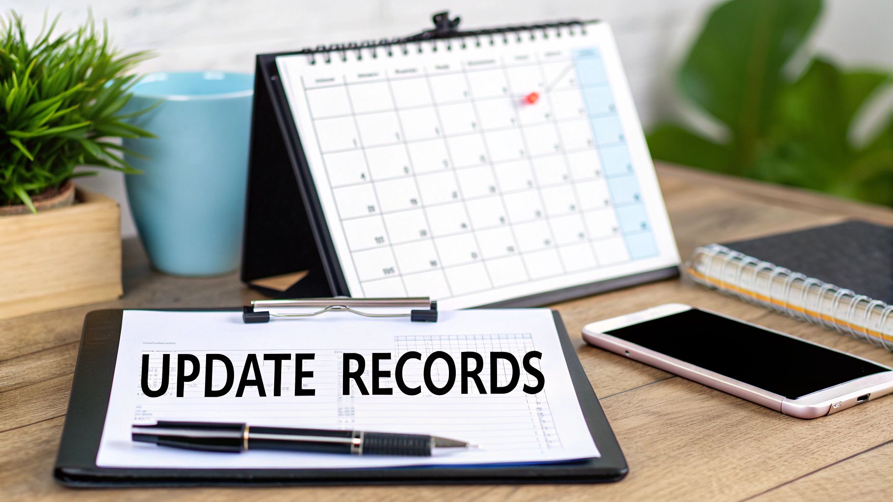 A desk setup with a calendar, smartphone, and a clipboard displaying 'UPDATE RECORDS' for important tasks.