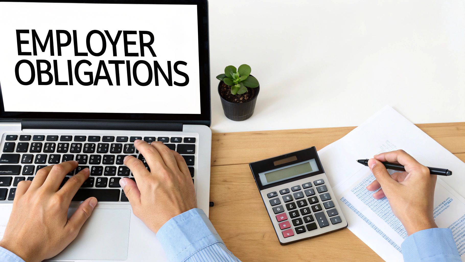 A person types on a laptop displaying 'EMPLOYER OBLIGATIONS', with a calculator and papers on a desk.