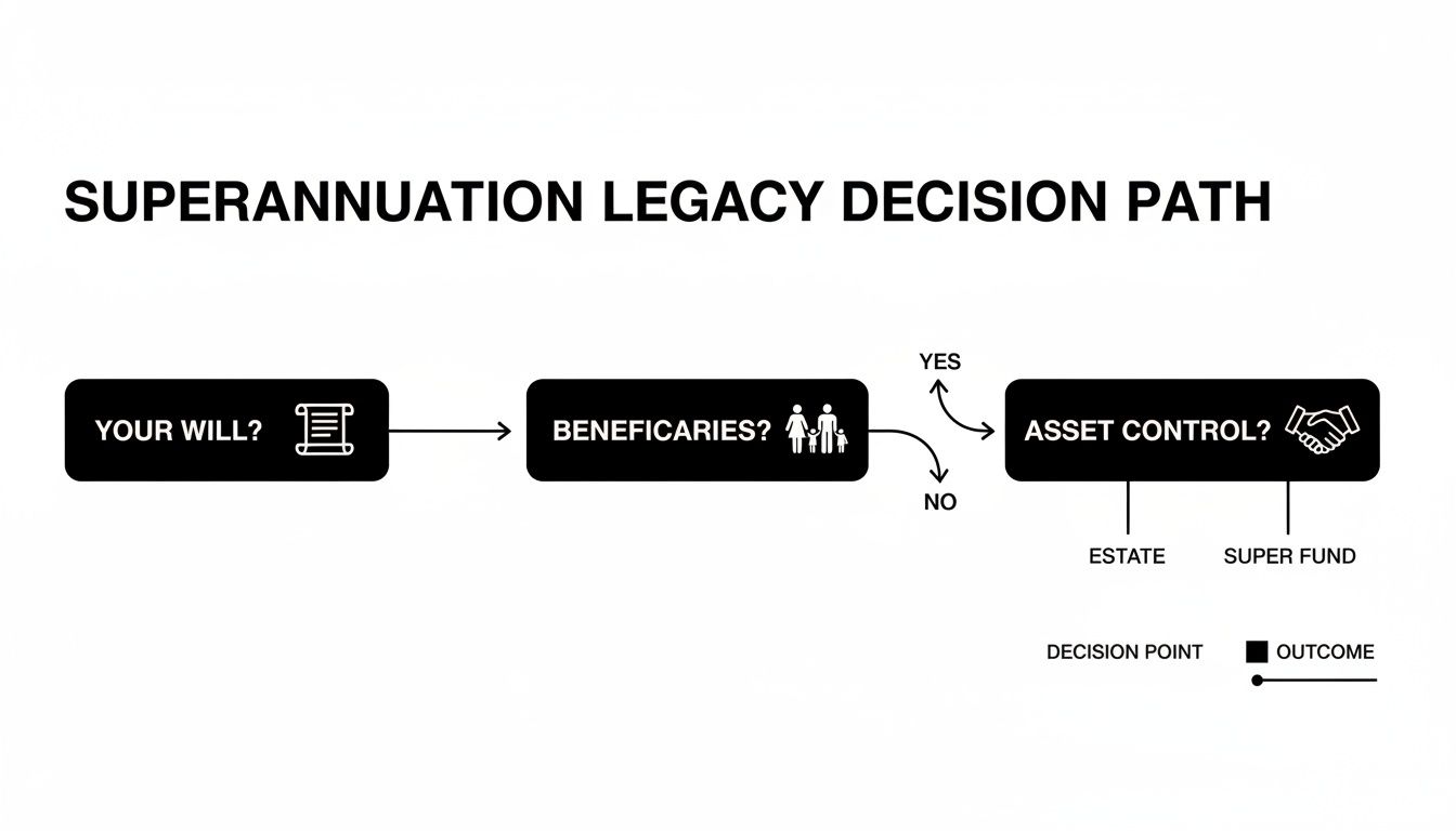 Flowchart illustrating the superannuation legacy decision path for asset distribution, considering wills and beneficiaries.