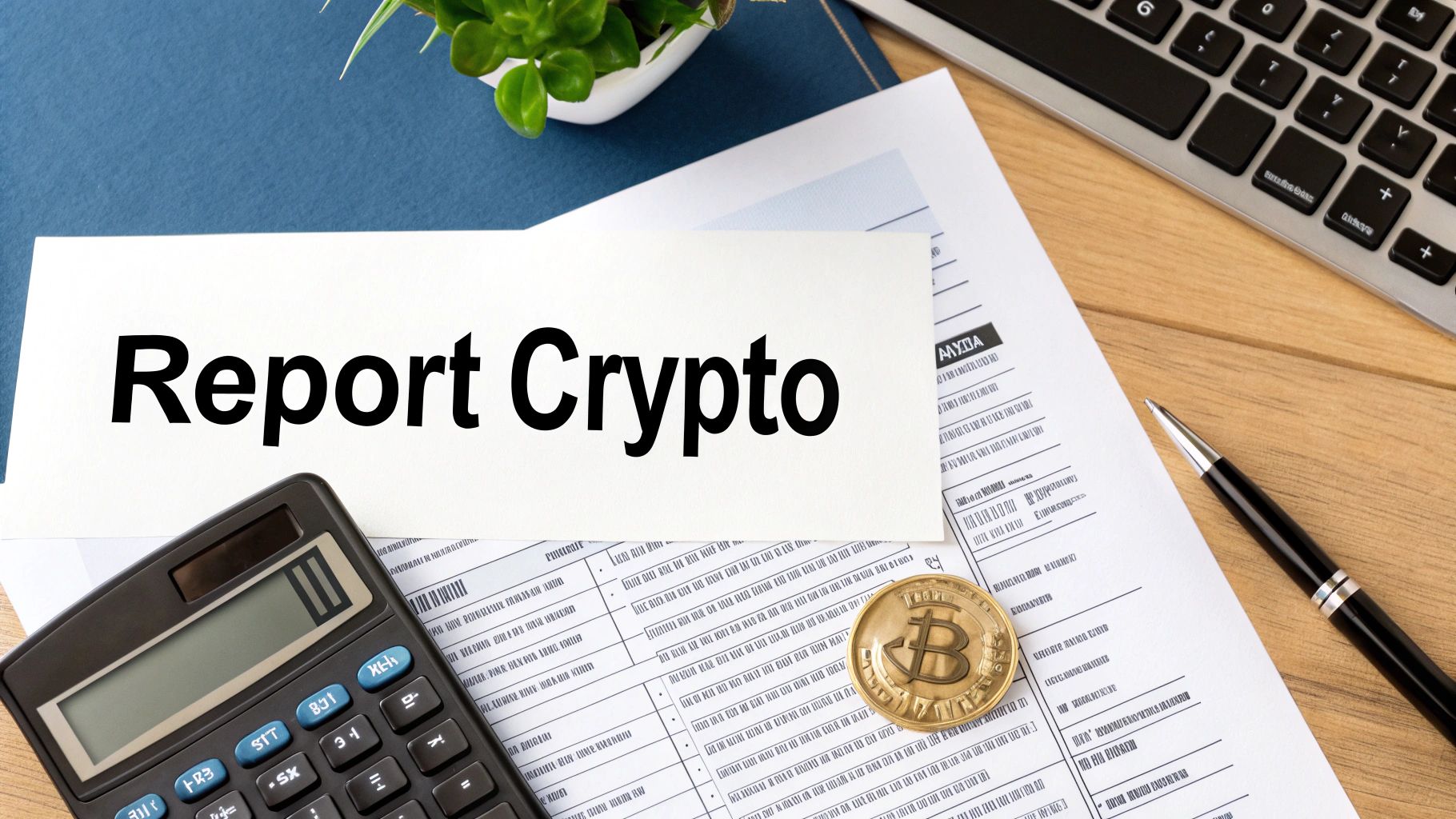 A desk with a 'Report Crypto' note, calculator, Bitcoin coin, pen, and financial documents.