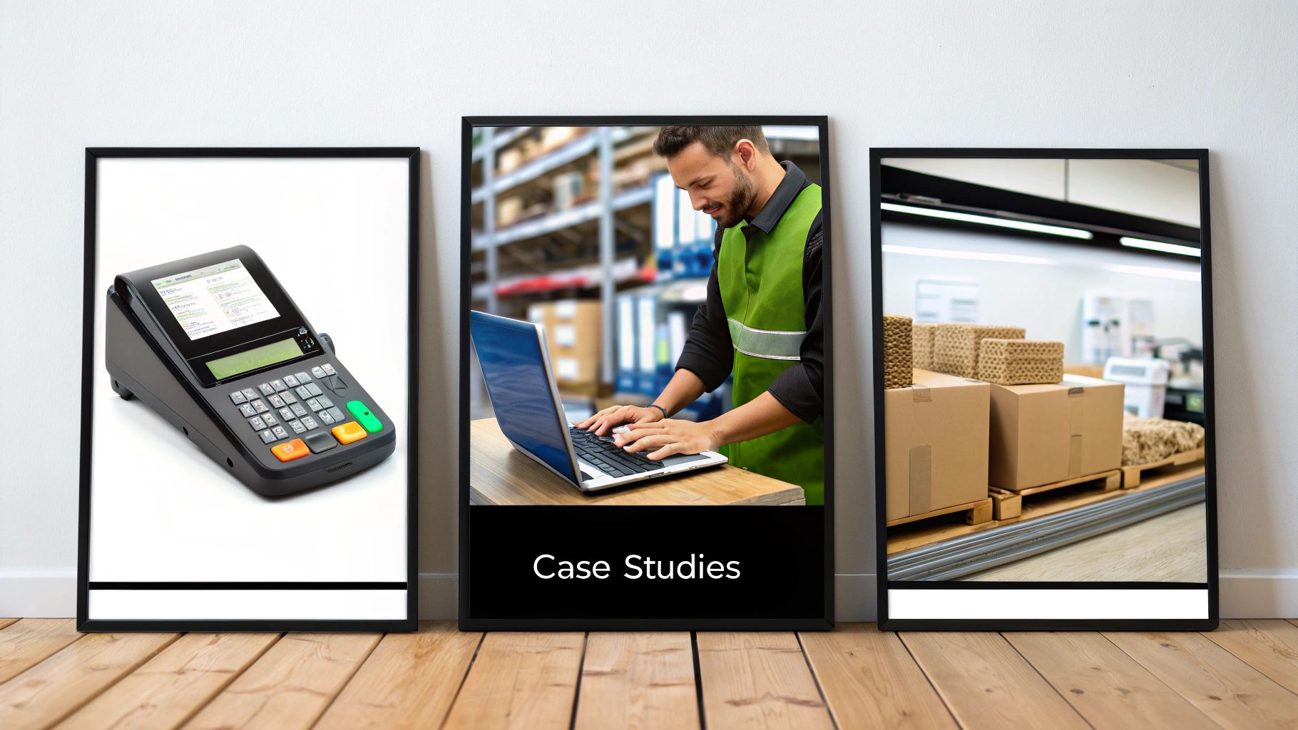 Three framed pictures show a POS terminal, a warehouse worker with laptop, and stacked cardboard boxes.
