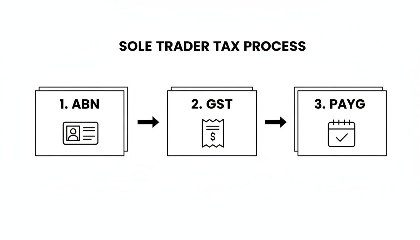 Sole trader tax process infographic outlining steps: ABN registration, GST, and PAYG.