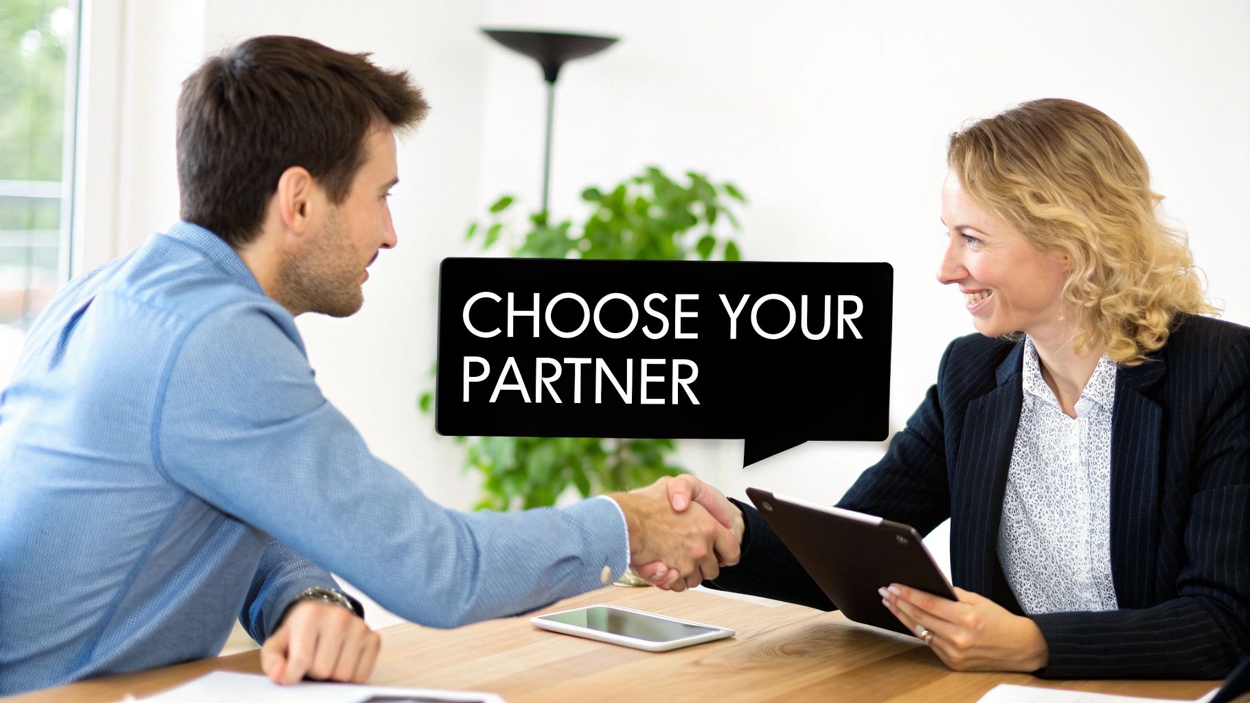 Two business professionals, a man and a woman, shake hands across a table, symbolizing partnership and choice in a meeting.