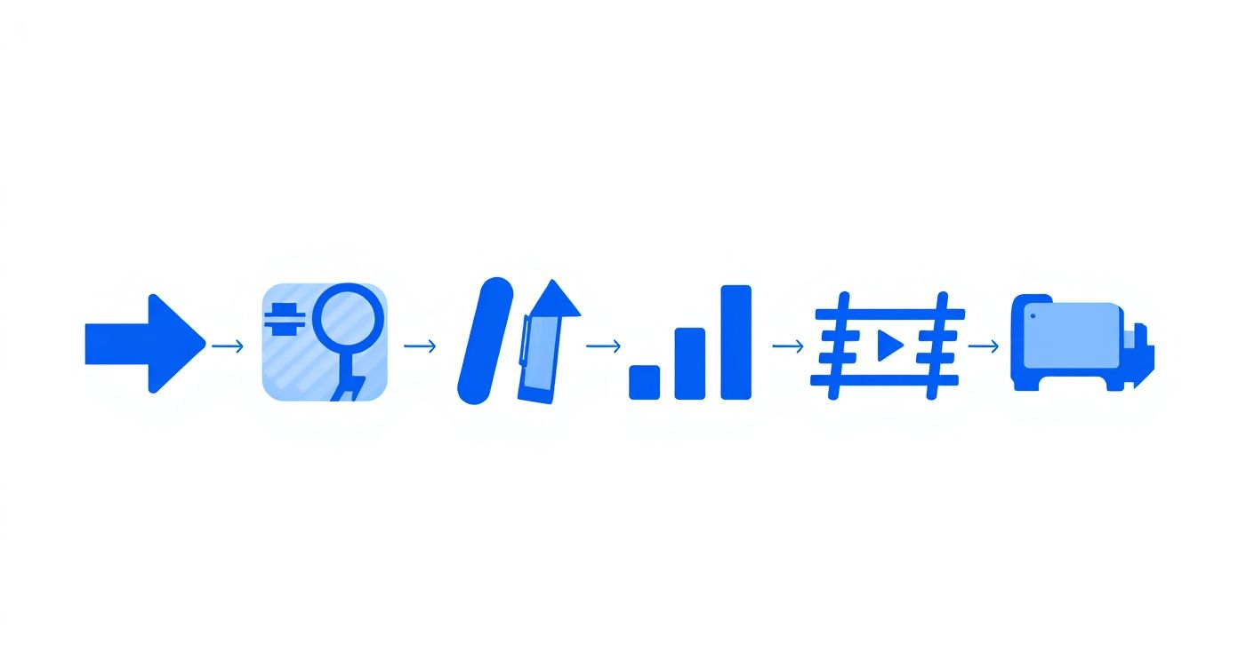 A sequence of blue icons illustrating a data processing and delivery workflow.