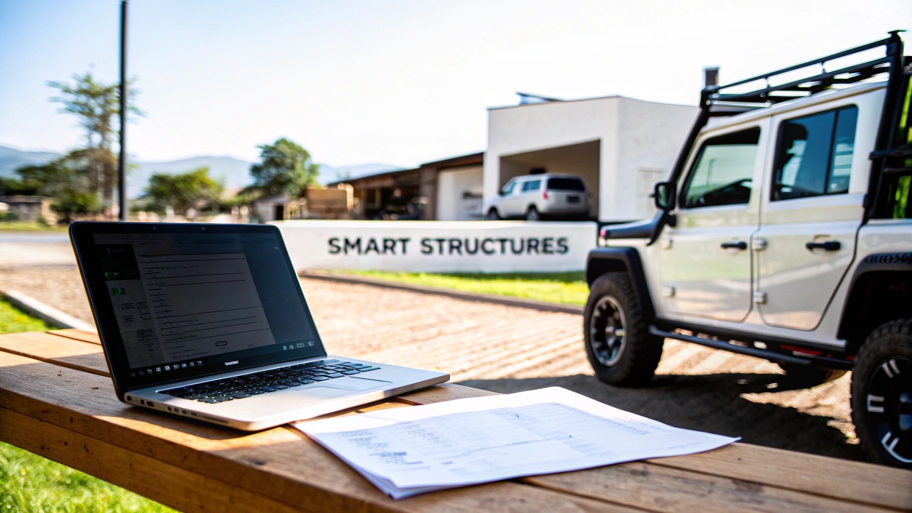 A laptop and documents on a wooden table outdoors with a white building and SUV in the background.