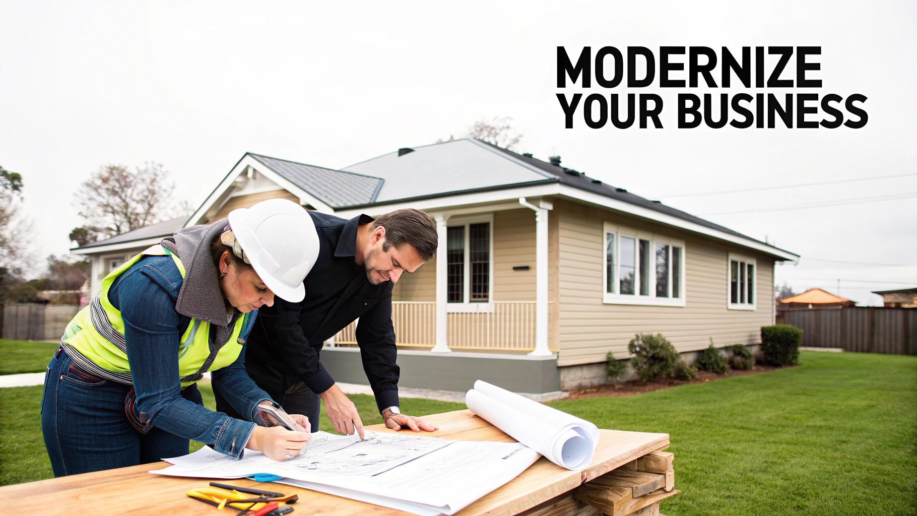 Two construction professionals reviewing blueprints outdoors with 'Modernize Your Business' text.