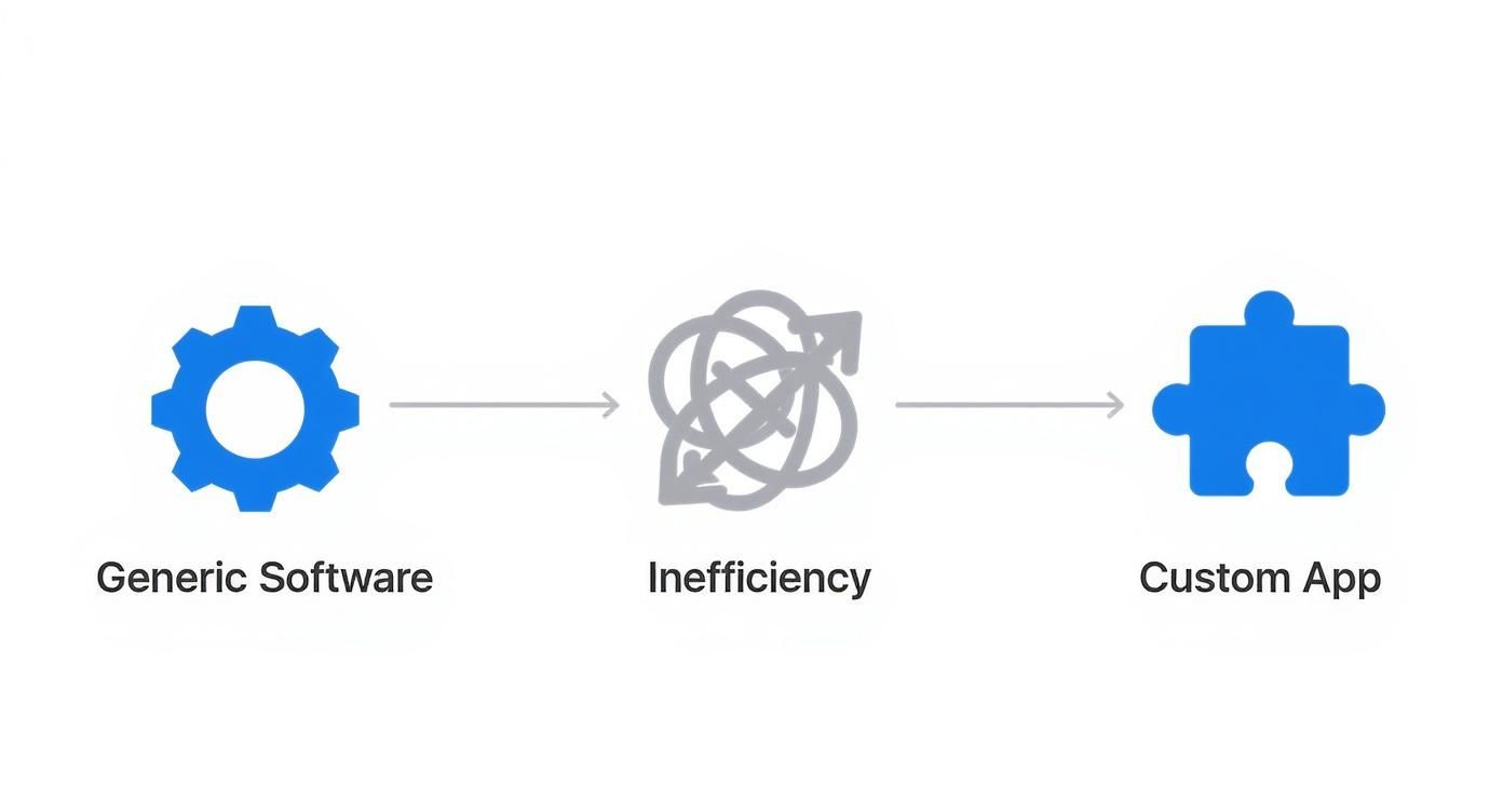 Diagram illustrating generic software leading to inefficiency, ultimately solved by a custom application.
