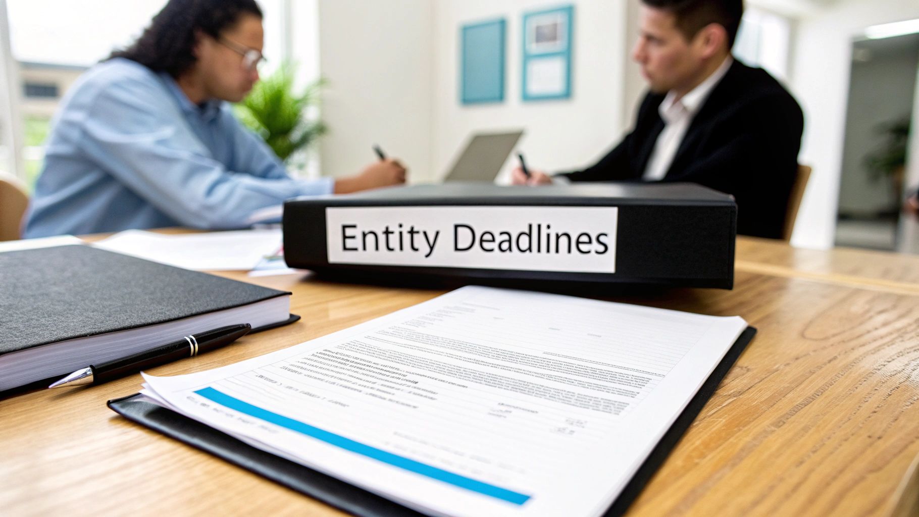 A black binder labeled 'Entity Deadlines' on a wooden table with documents and two people in an office meeting.