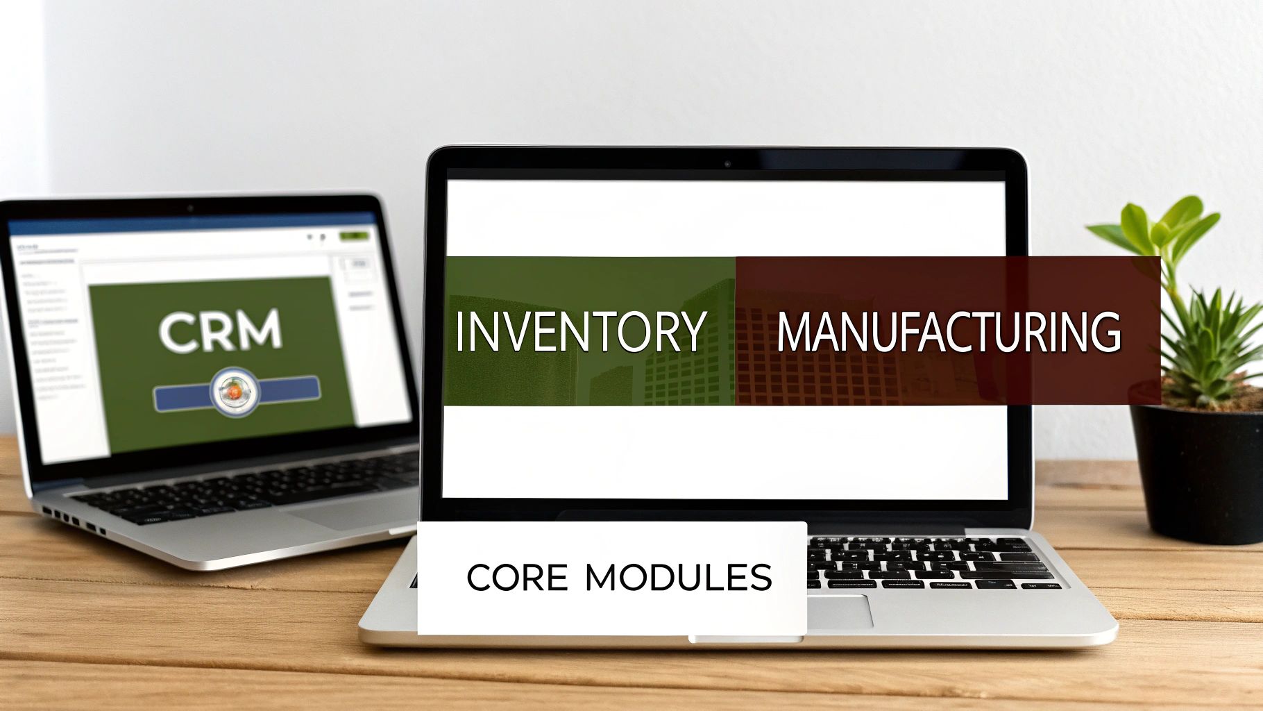 Two laptops on a wooden desk displaying CRM, Inventory, Manufacturing, and Core Modules.