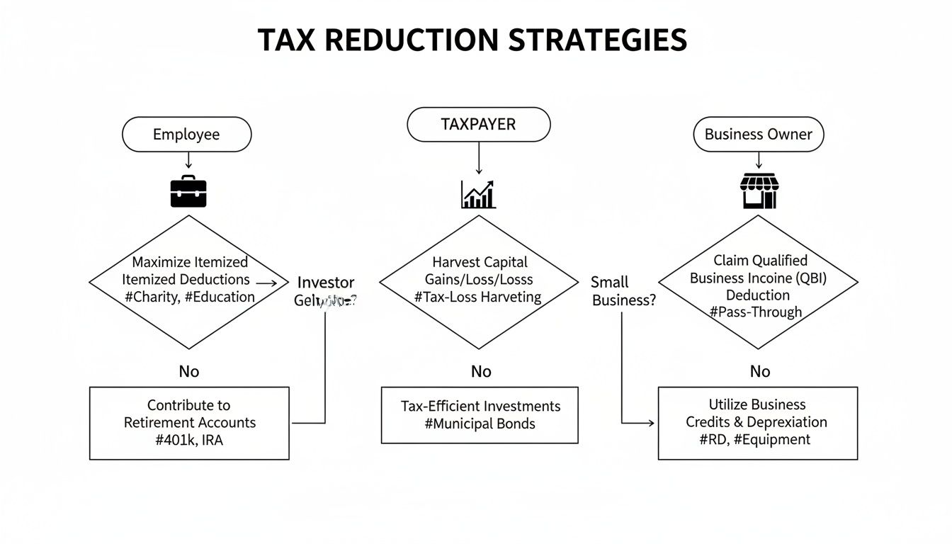 Flowchart outlining tax reduction strategies for employees, taxpayers, and business owners.