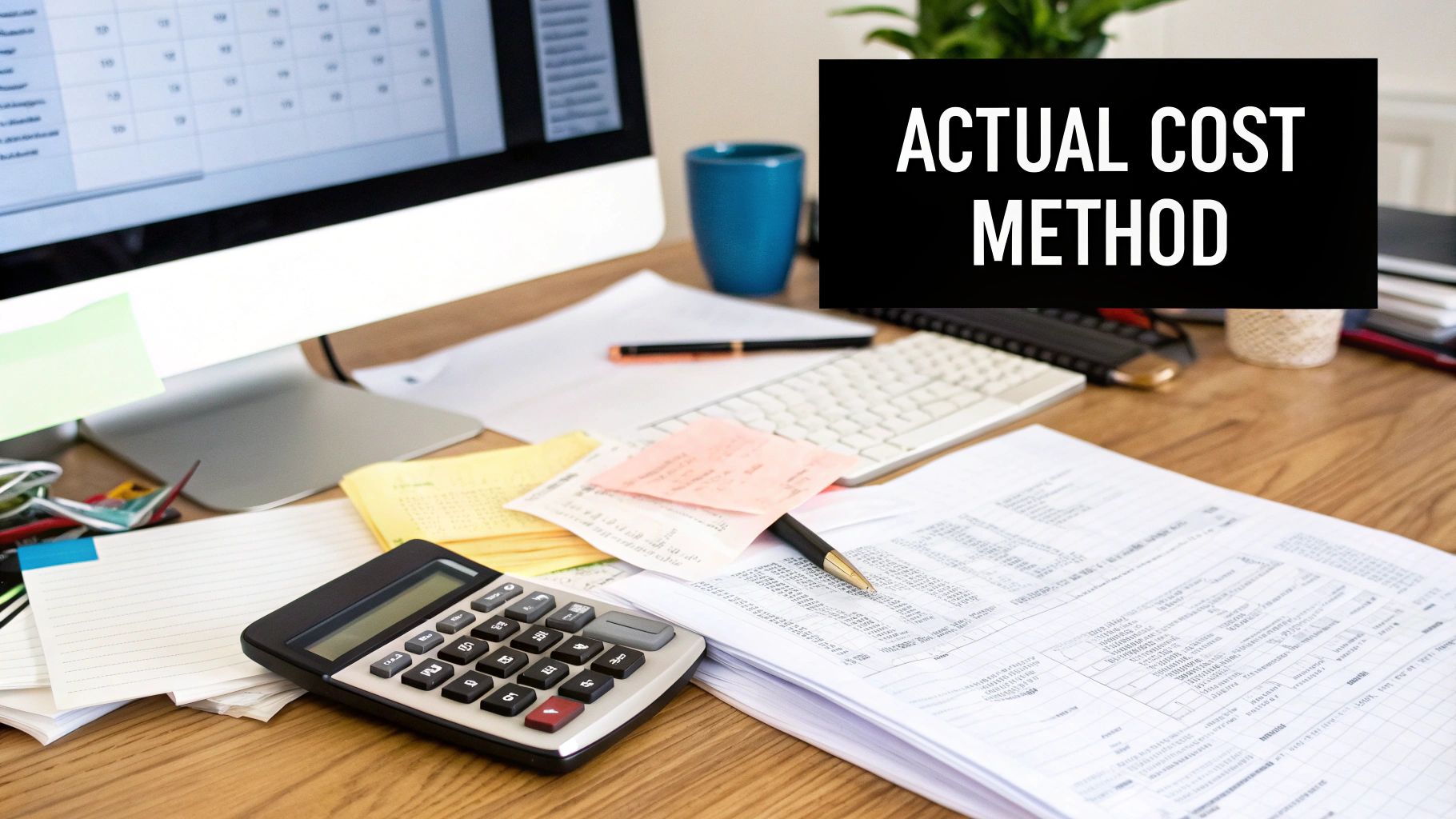 A desk with a computer, calculator, financial documents, and a sign saying "ACTUAL COST METHOD."