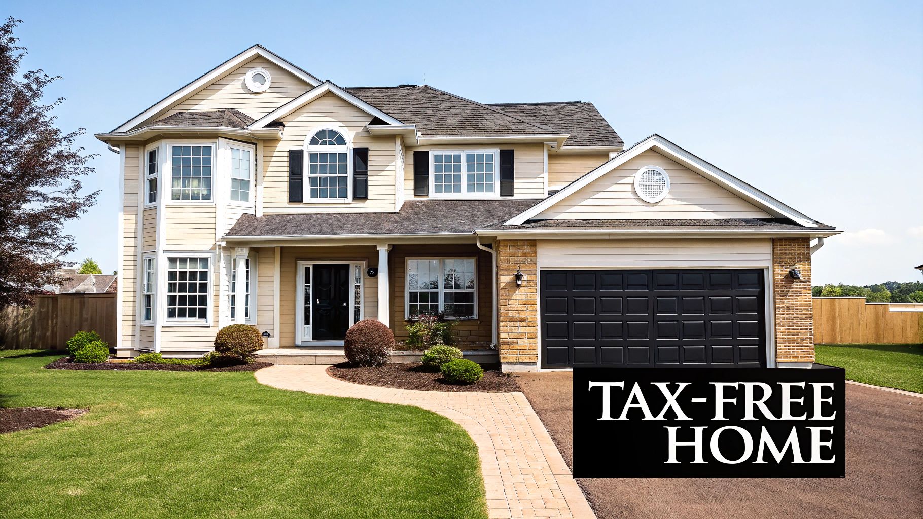 A beautiful two-story suburban home with light siding, a green lawn, and a prominent "TAX-FREE HOME" sign.
