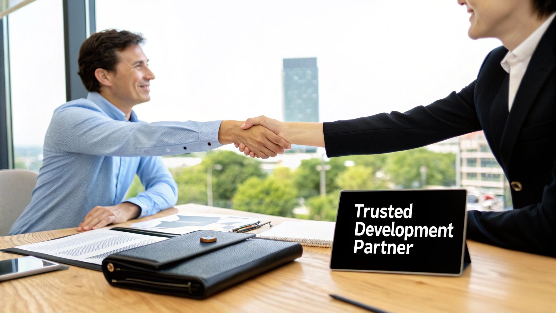 Two business professionals shaking hands over a table with a tablet displaying 'Trusted Development Partner'.