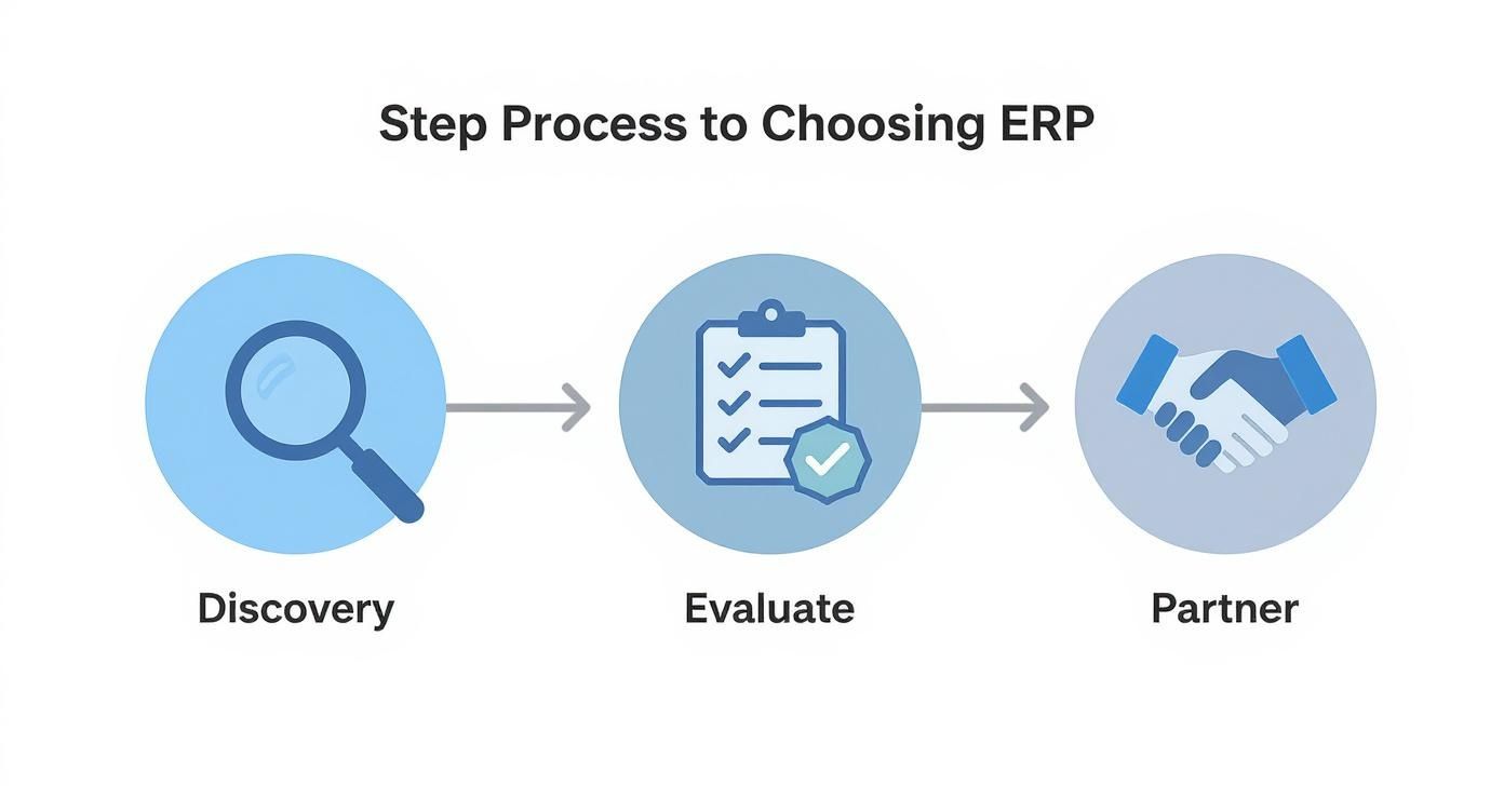Infographic showing a 3-step horizontal flow for choosing an ERP with icons for Discovery, Evaluate, and Partner.