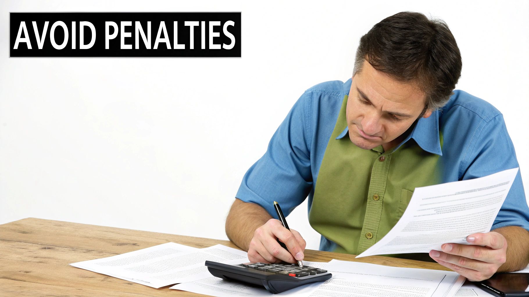 A man focused on calculating numbers and reviewing documents to avoid penalties.