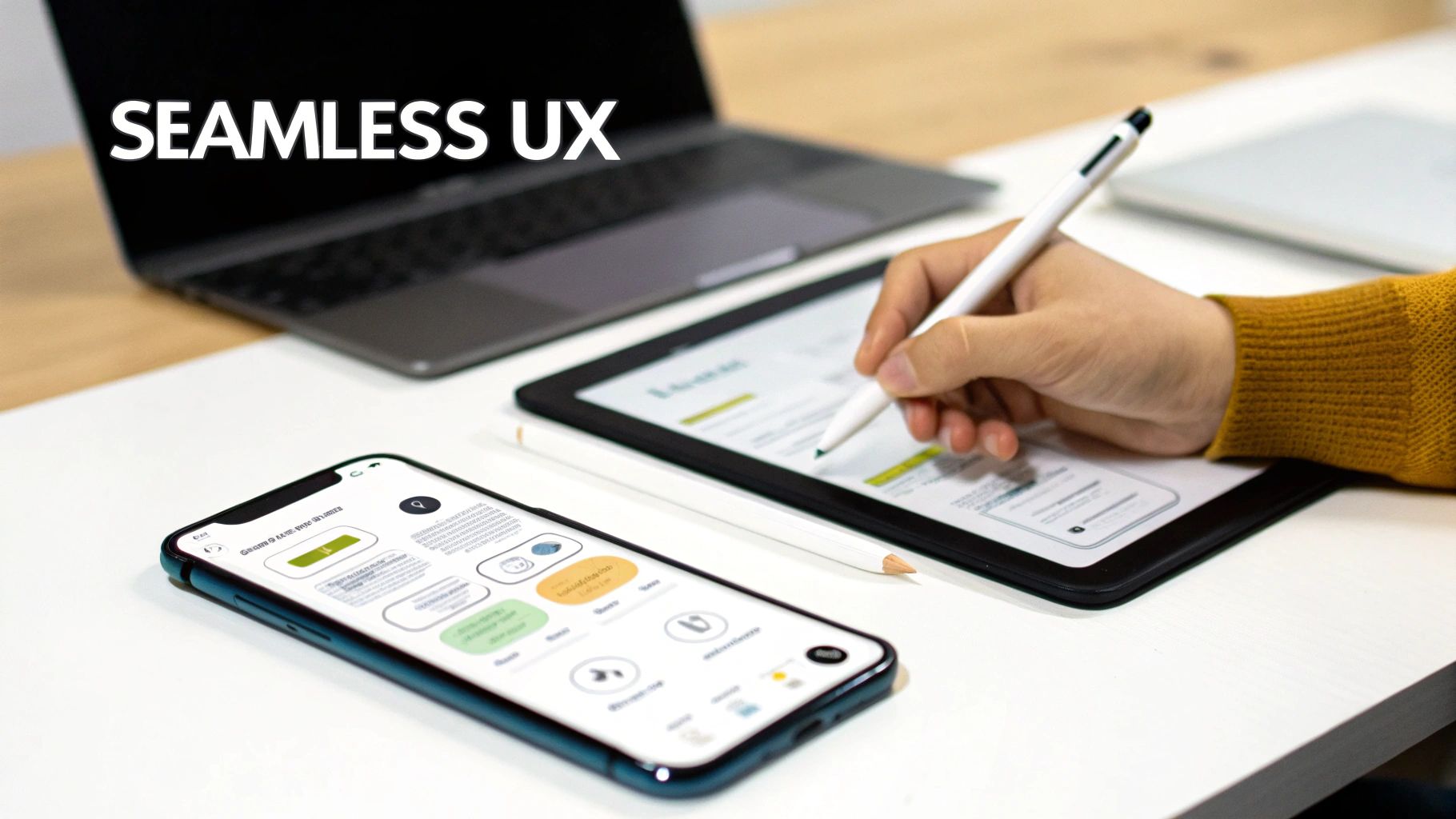 Person designing seamless user experience with stylus on tablet alongside smartphone displaying UX wireframes