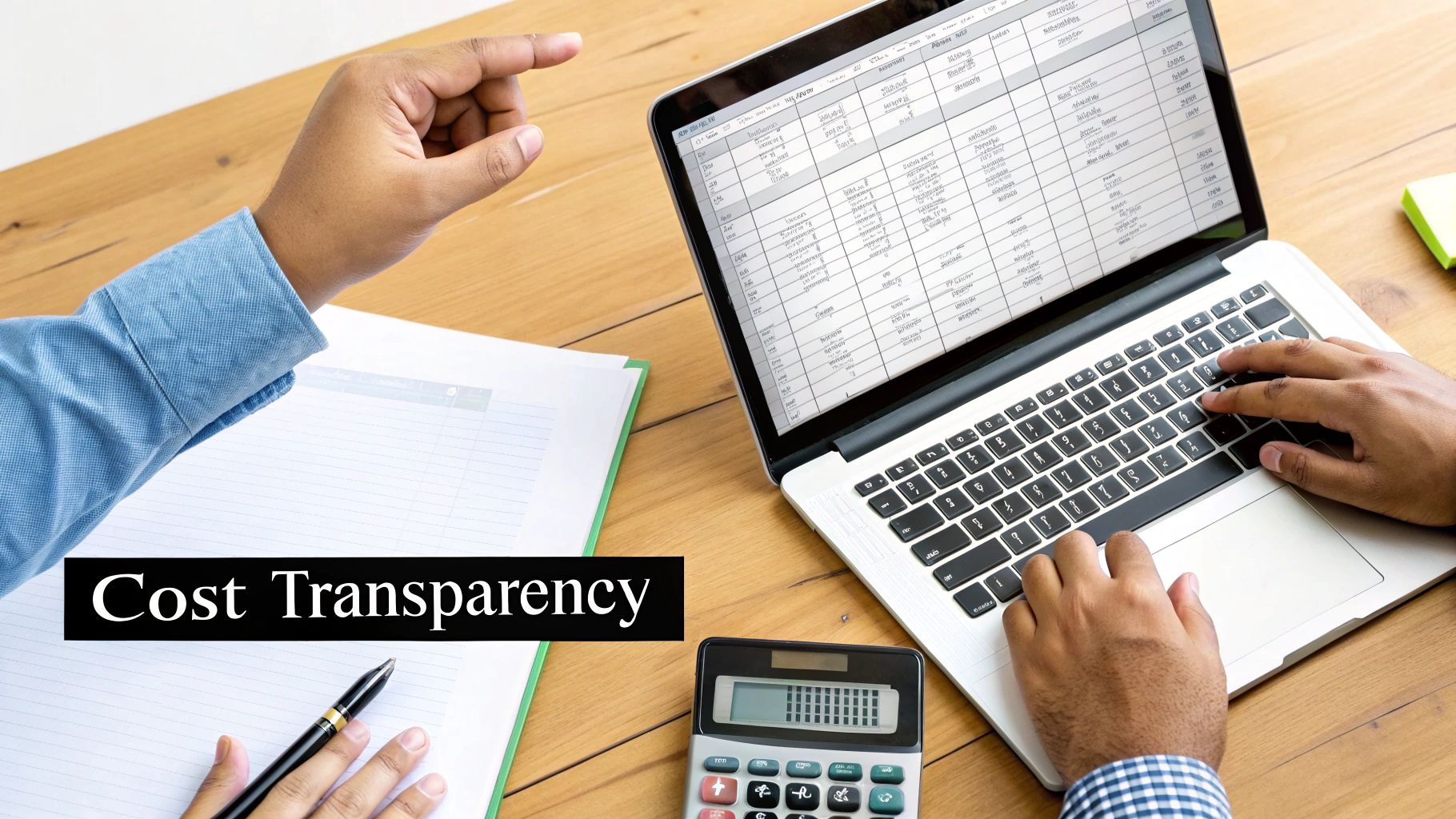 Two people analyzing financial data on a laptop spreadsheet with a calculator, emphasizing cost transparency.