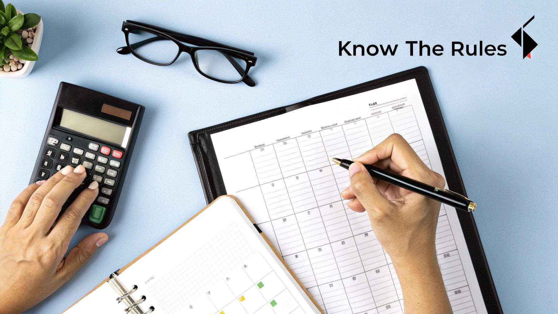 Top-down view of hands working on a calculator and writing in a planner, with glasses and a plant.