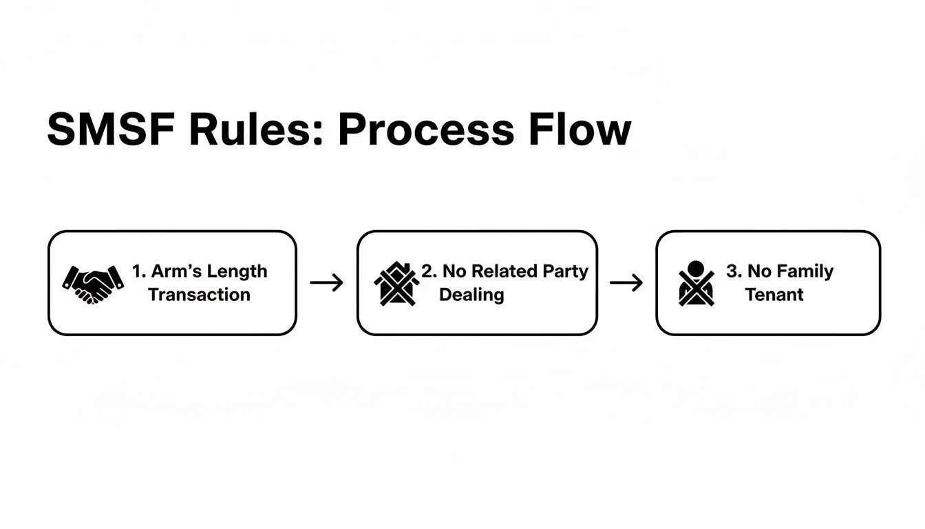 SMSF rules process flow illustrating three key transaction principles: Arm's Length, No Related Party, and No Family Tenant.