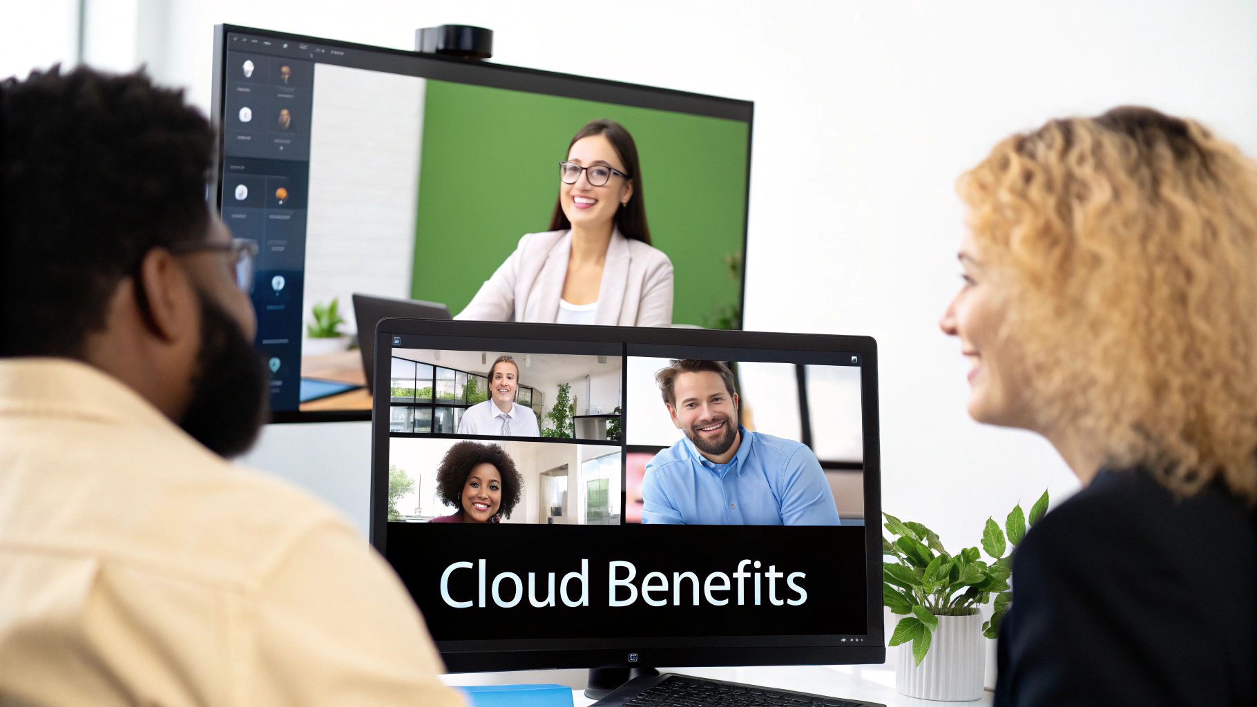 A team of diverse professionals collaborating around a table with glowing cloud icons above them, indicating shared access and teamwork.