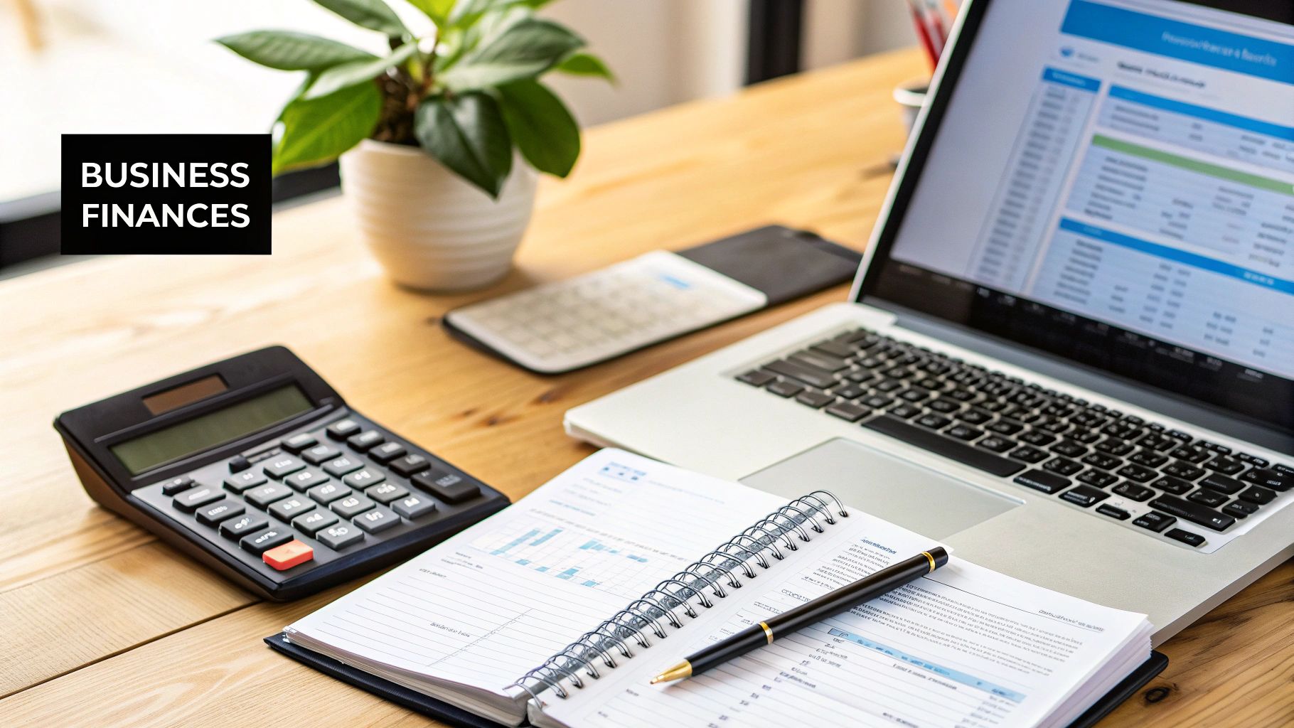 A person at a desk reviewing financial documents and using a laptop, representing business operations setup.