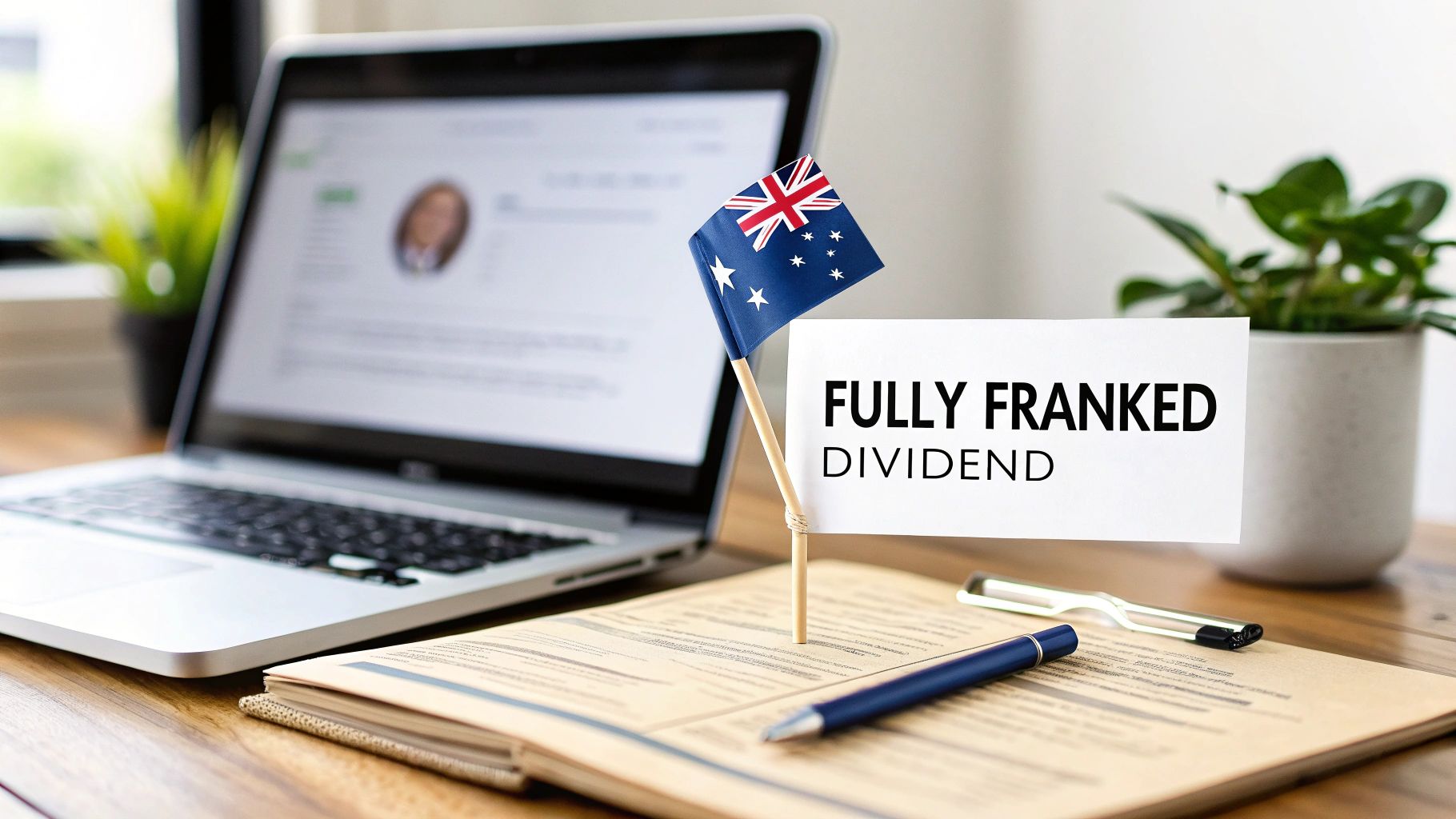 An Australian flag and a sign reading 'FULLY FRANKED DIVIDEND' on a desk with a laptop and pen.
