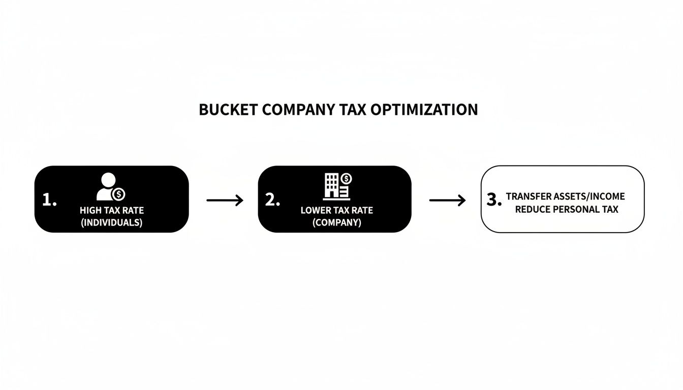Diagram illustrating bucket company tax optimization, showing a flow from high individual tax rates to lower company tax rates, leading to asset transfer and reduced personal tax.
