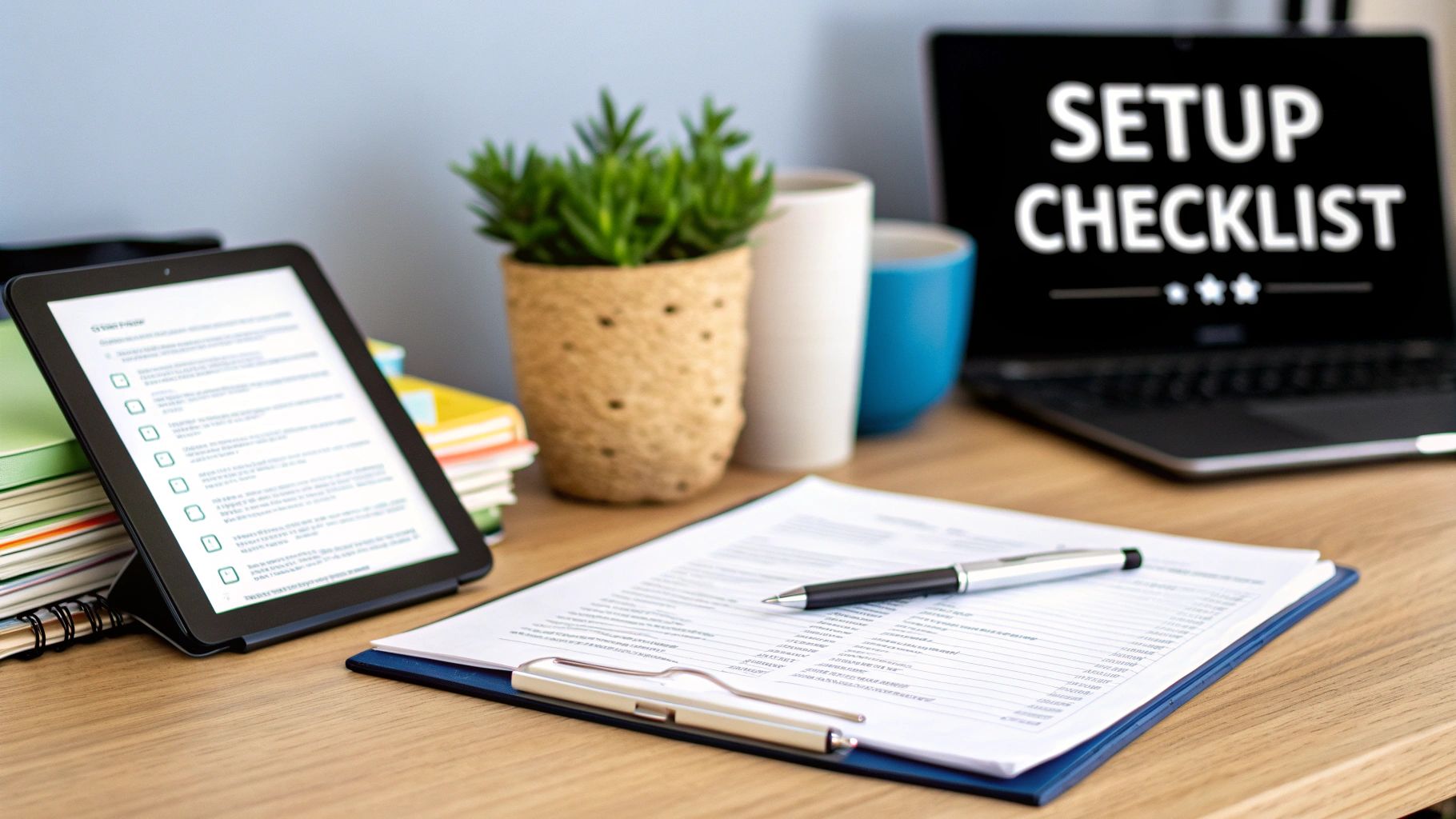 A neatly organized desk with a laptop displaying 'SETUP CHECKLIST', a tablet showing a digital checklist, and a clipboard with a pen.