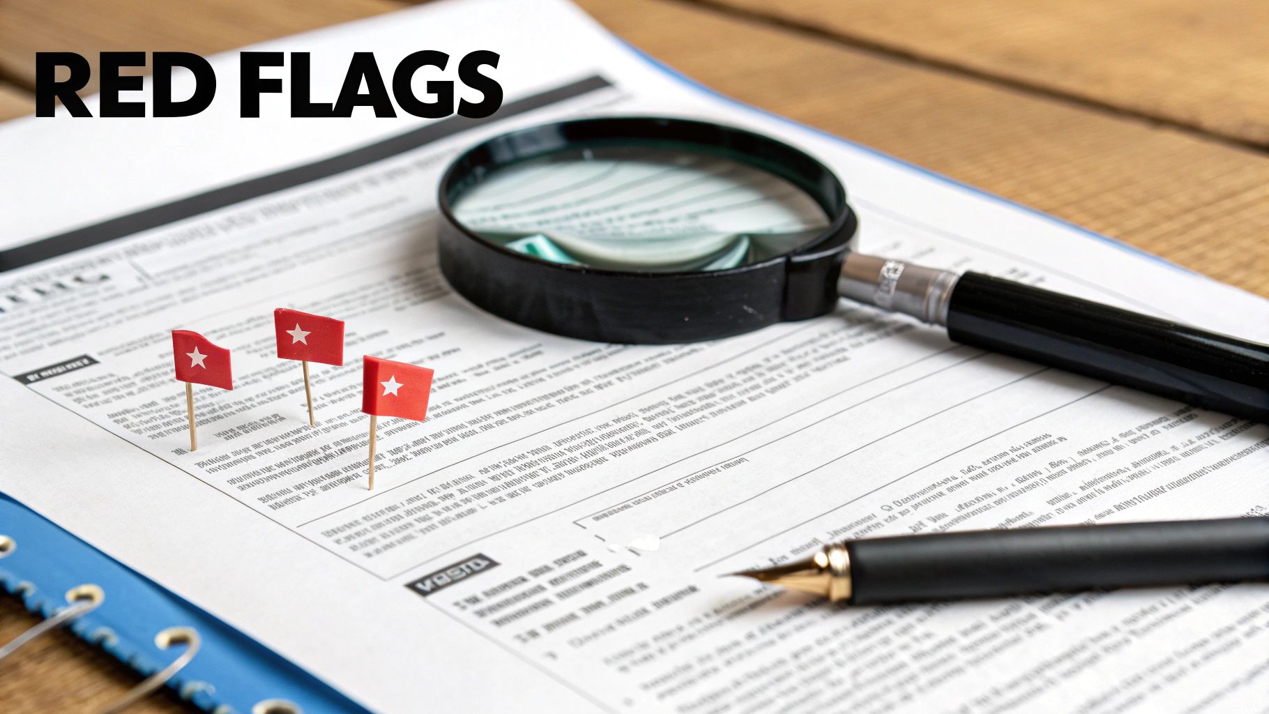 Magnifying glass and red flags on tax documents representing audit red flags and penalties