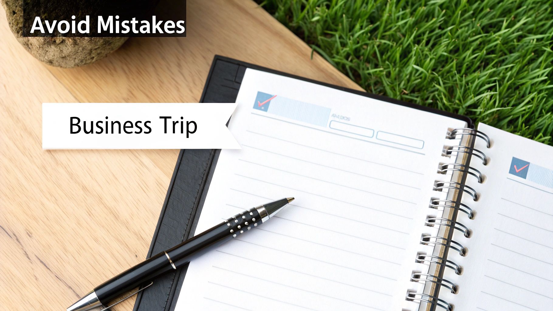 A notepad with a pen, displaying 'Avoid Mistakes' and 'Business Trip' labels, suggesting careful planning.