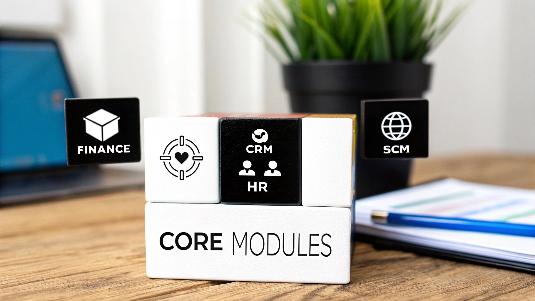 Cubes displaying 'Core Modules' with icons for Finance, CRM, HR, and SCM on a wooden desk.