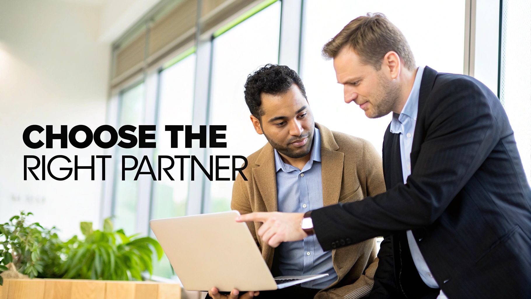 Two diverse businessmen discussing work on a laptop, with 'CHOOSE THE RIGHT PARTNER' text overlay.