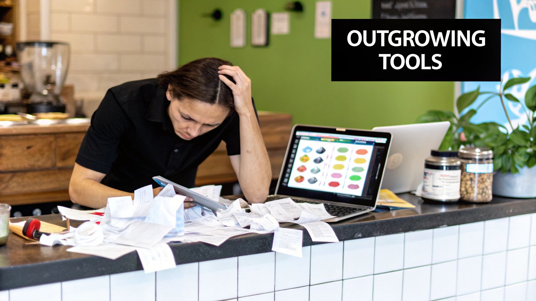 A small business owner using a tablet to manage inventory and sales data, representing an ERP system.