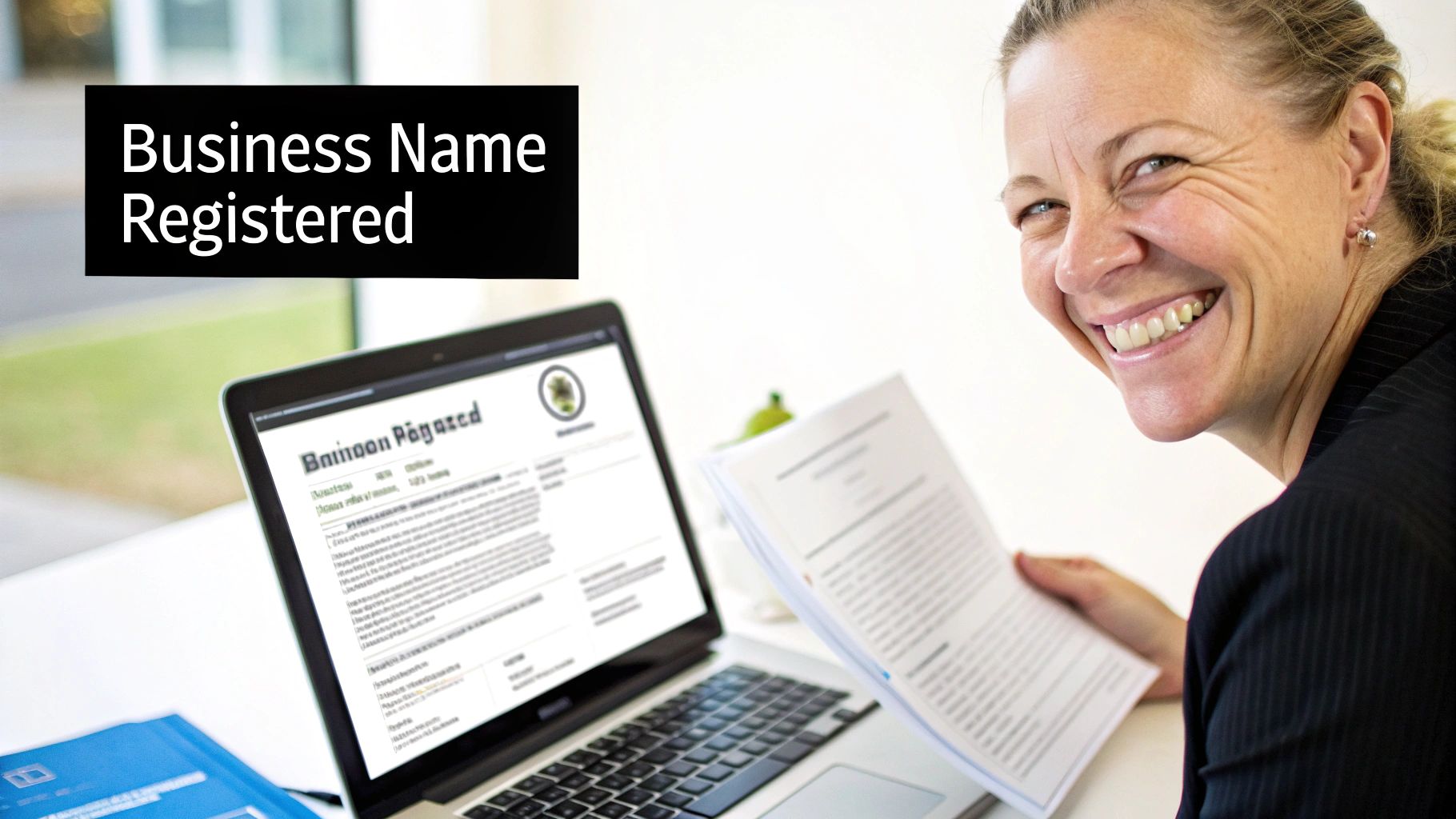A smiling woman looks at a camera, with a laptop and documents on a desk, next to 'Business Name Registered' text.