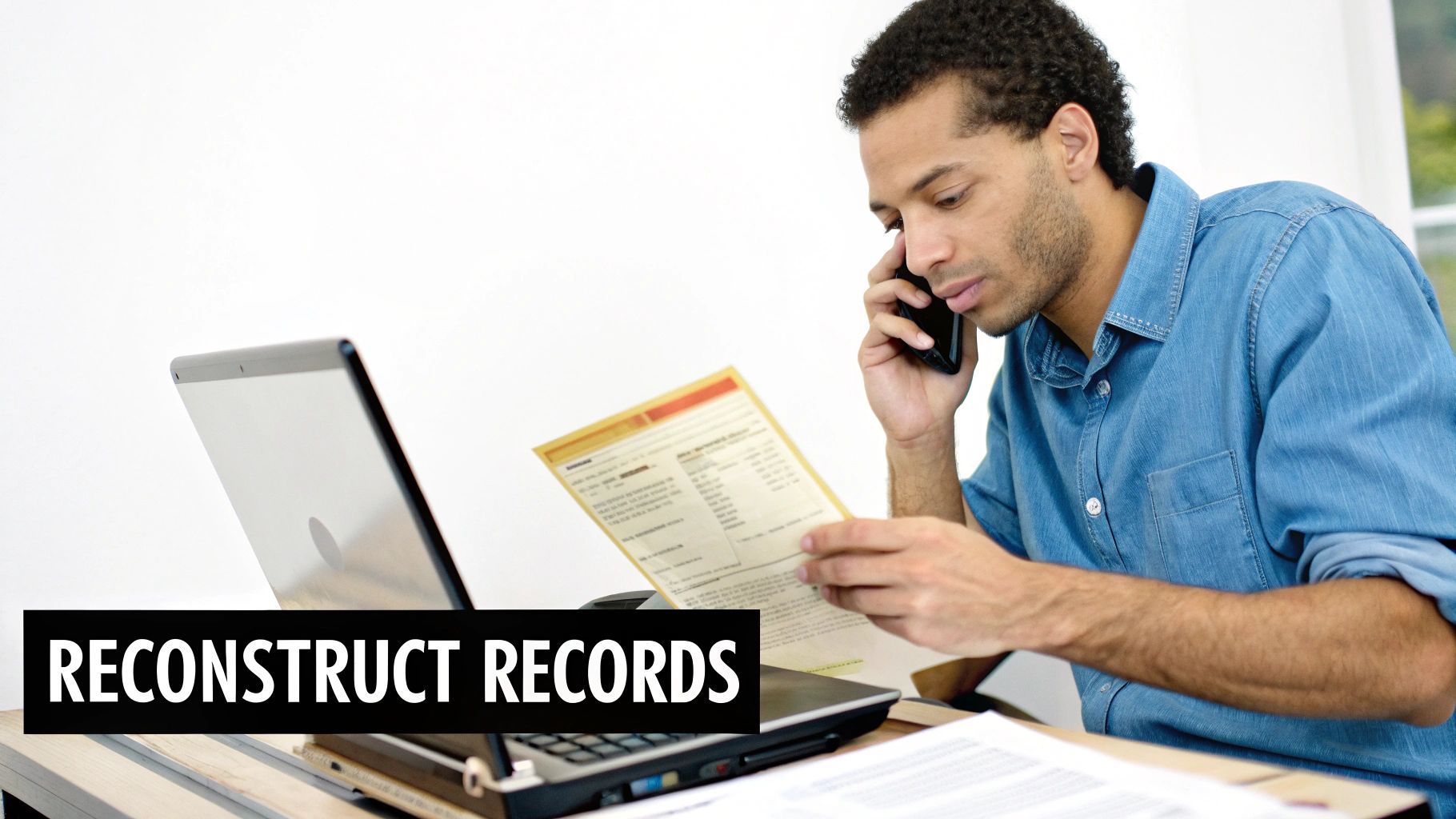 A man on the phone reviews documents and a laptop, possibly reconstructing financial records.