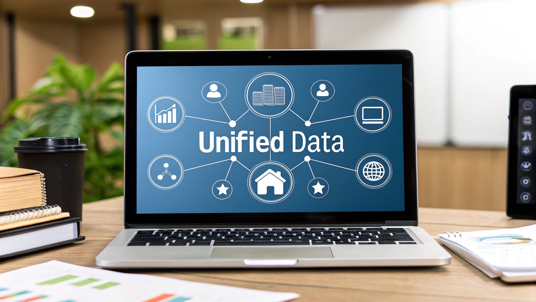 A business owner reviewing unified data on a tablet, with icons for inventory, finance, and customers floating around it.