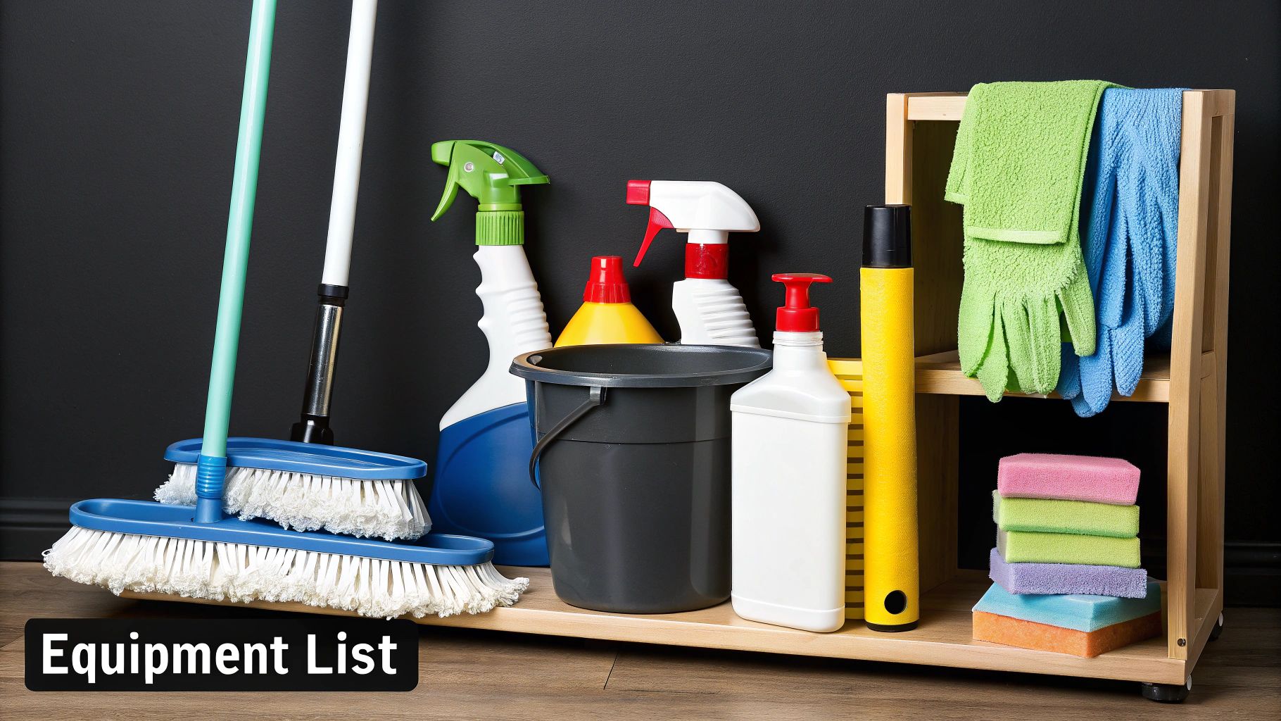 A collection of professional cleaning equipment including a vacuum, mop, and various bottles of cleaning solutions.