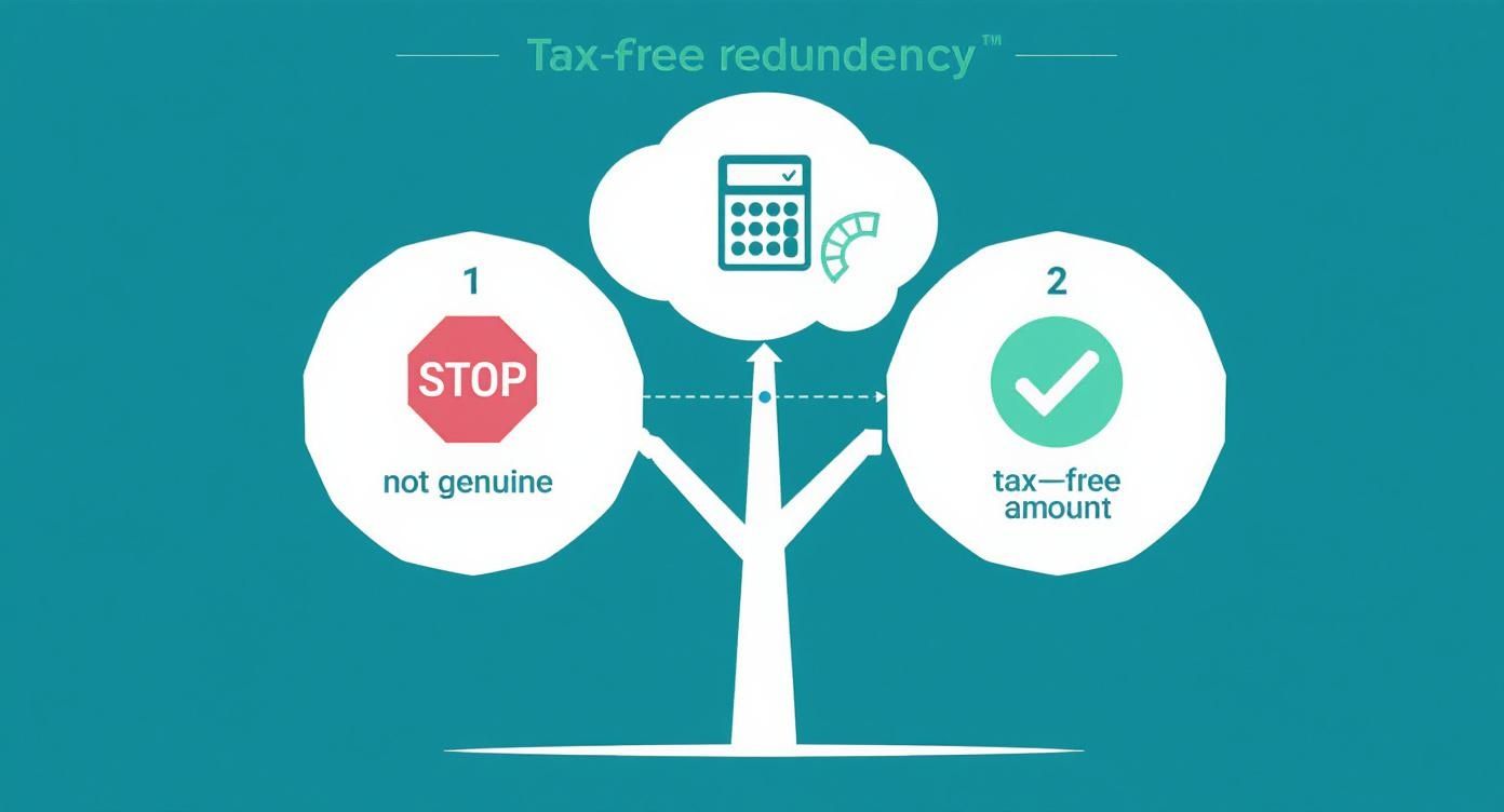 An infographic decision tree showing the path for determining tax on termination payments, starting with whether a redundancy is genuine.