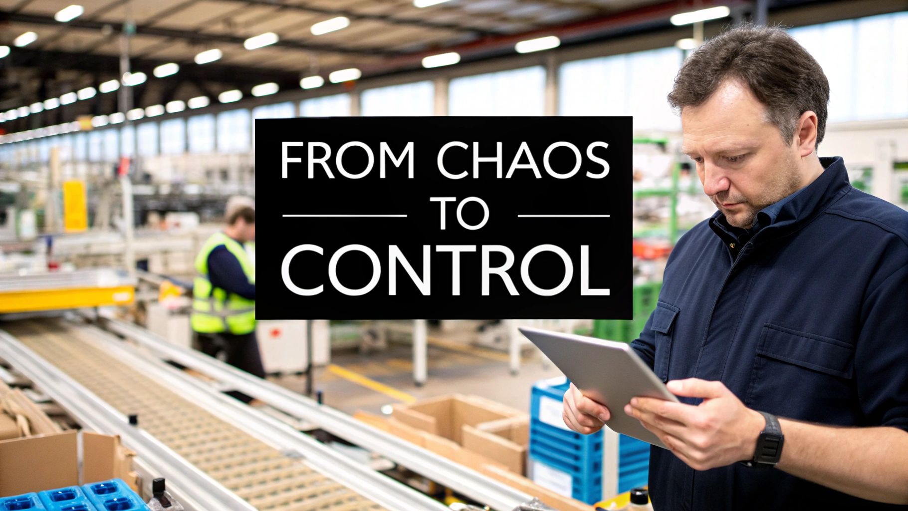 An organised and clean manufacturing facility with workers using tablets to track production data, reflecting a controlled and efficient environment.