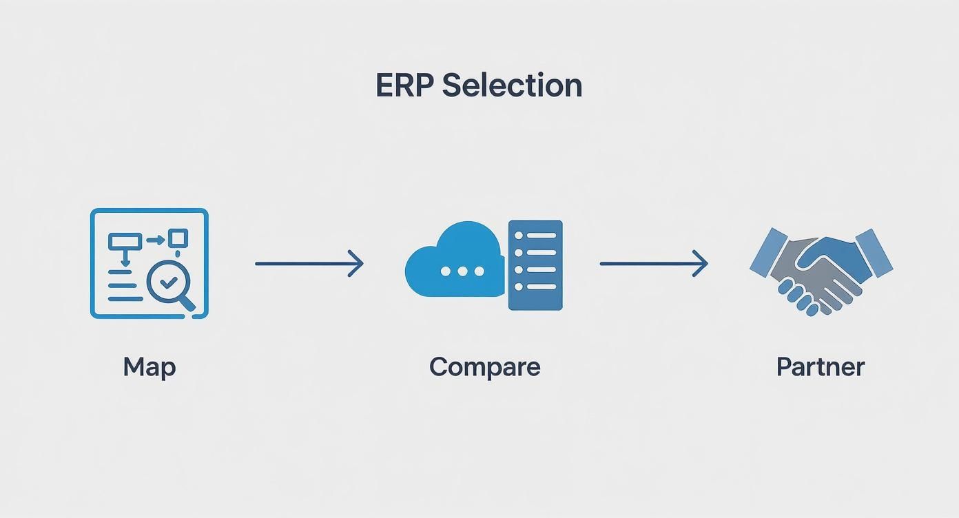 Infographic showing the ERP choice process with icons for mapping processes, comparing systems, and choosing a partner.