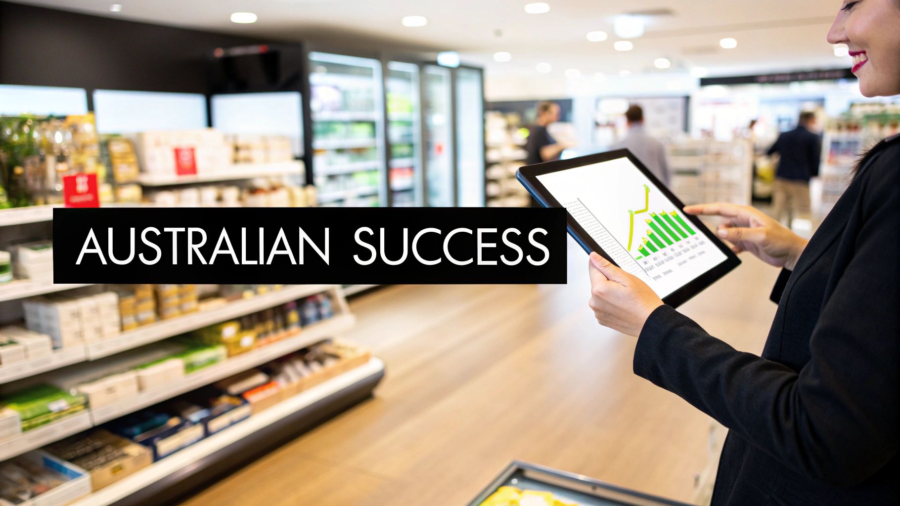 Smiling person in a grocery store holding a tablet displaying a graph of Australian business success.