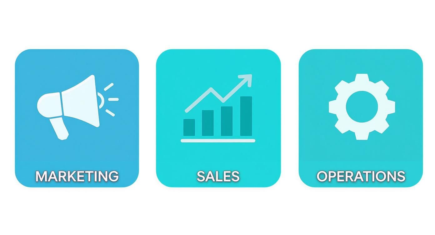 Infographic showing automation benefits in marketing, sales, and operations with megaphone, chart, and gear icons.