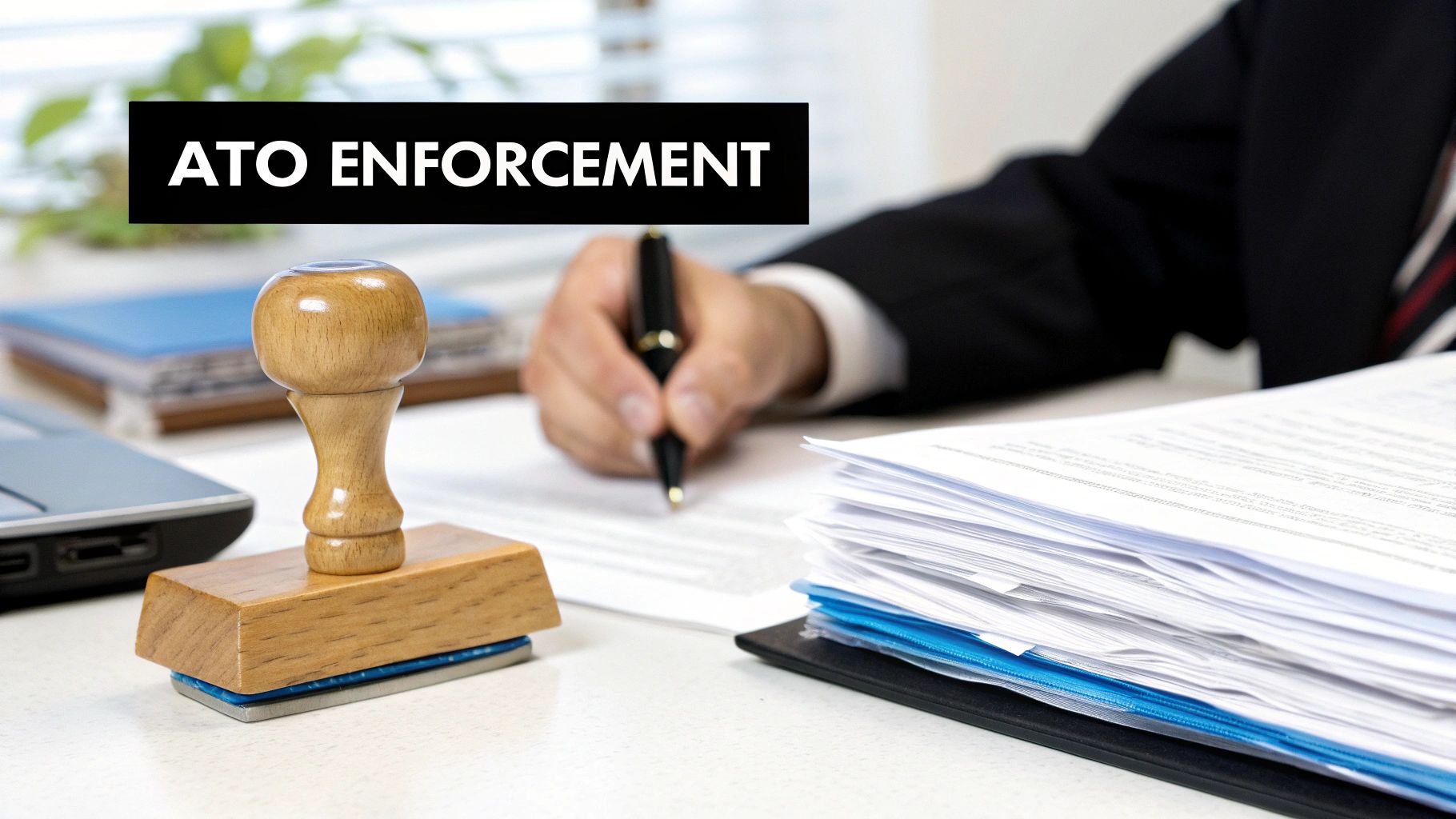 Person in a suit signing official documents at a desk, with 'ATO Enforcement' text and a stamp.