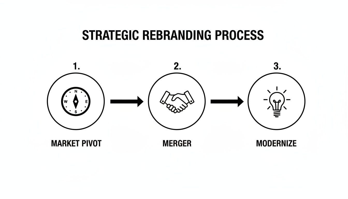 Illustration of a strategic rebranding process showing market pivot, merger, and modernize steps.