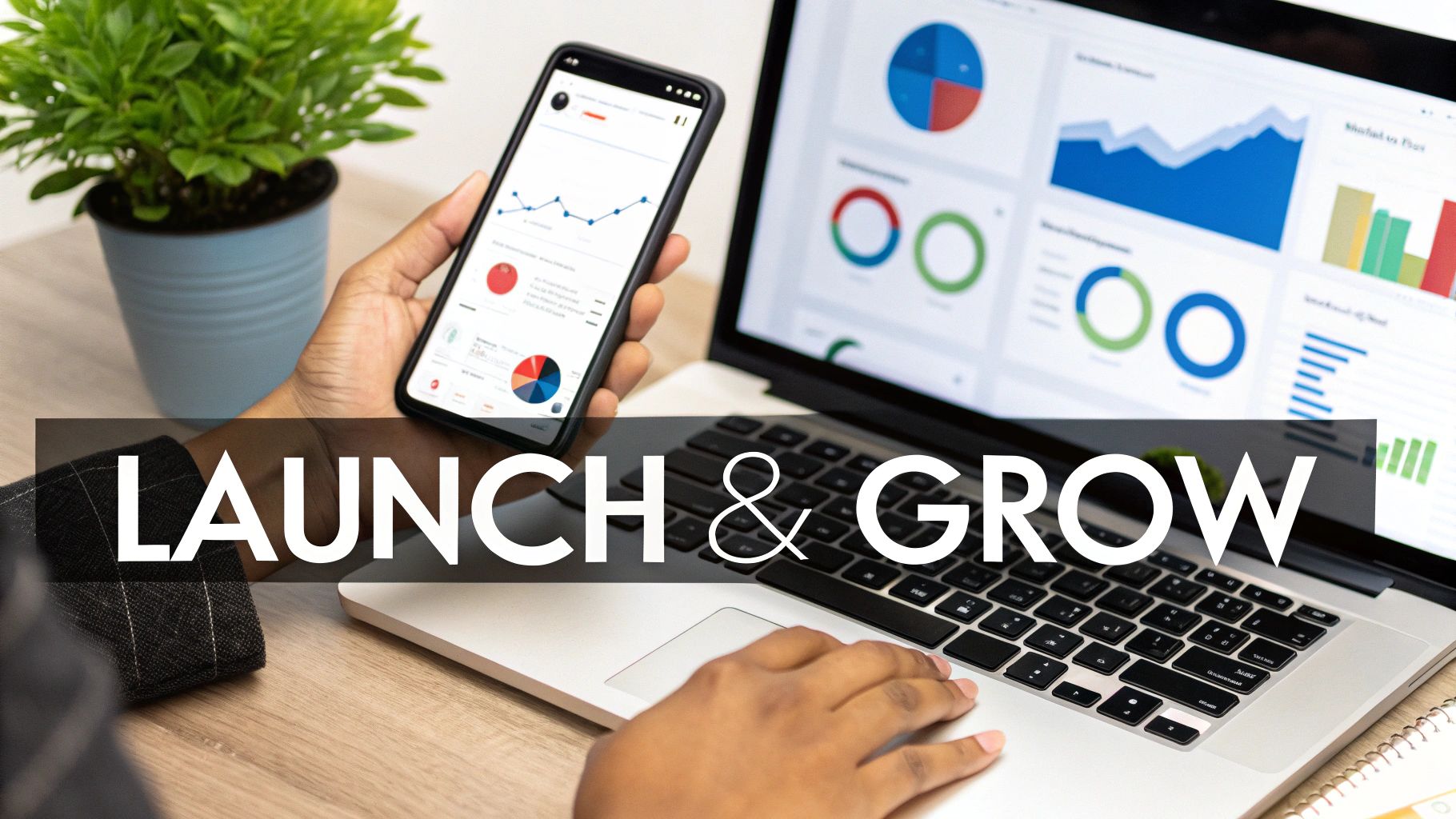 Professional analyzing business growth charts and data analytics on mobile phone and laptop